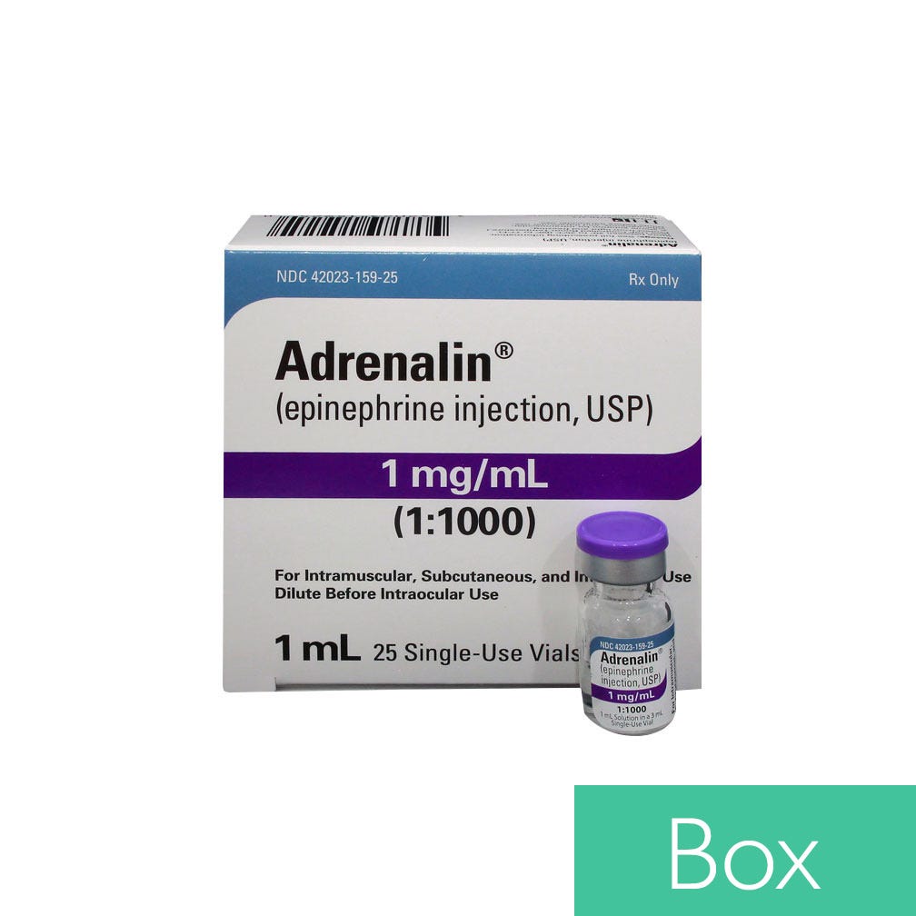 Adrenalin® 1mg/ml (1:1000), 1ml Solution in a 3ml Single Dose Vial - 25/Box