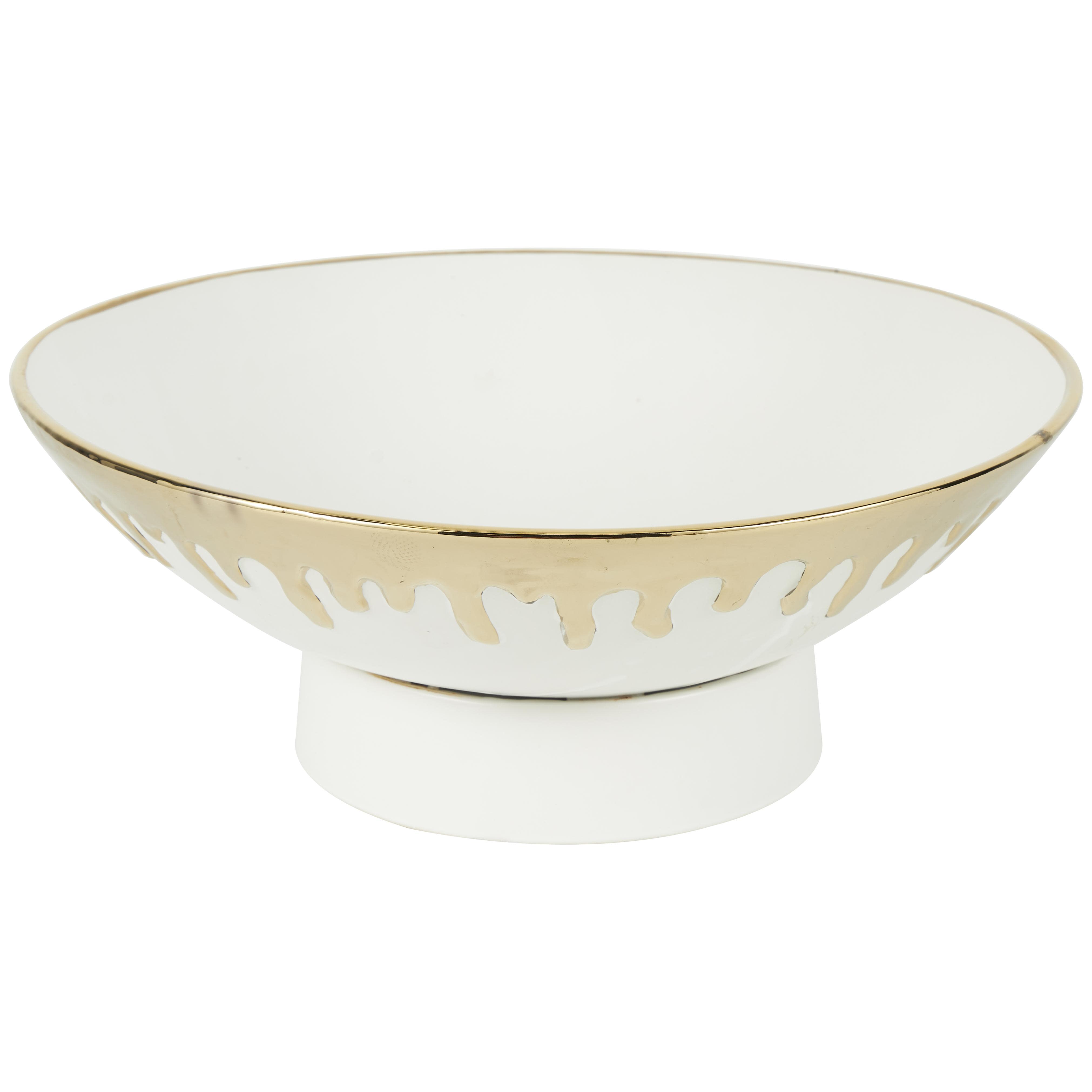 CosmoLiving by Cosmopolitan White Ceramic Abstract Decorative Bowl with Abstract Gold Melting Drips, 16" x 15" x 6"