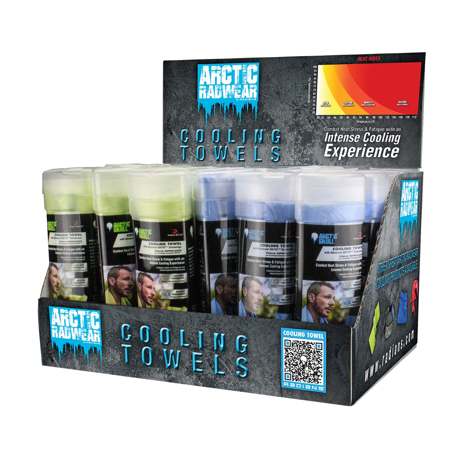 Arctic Radwear® Cooling Towel Counter Display - 12 Blue / 12 Lime