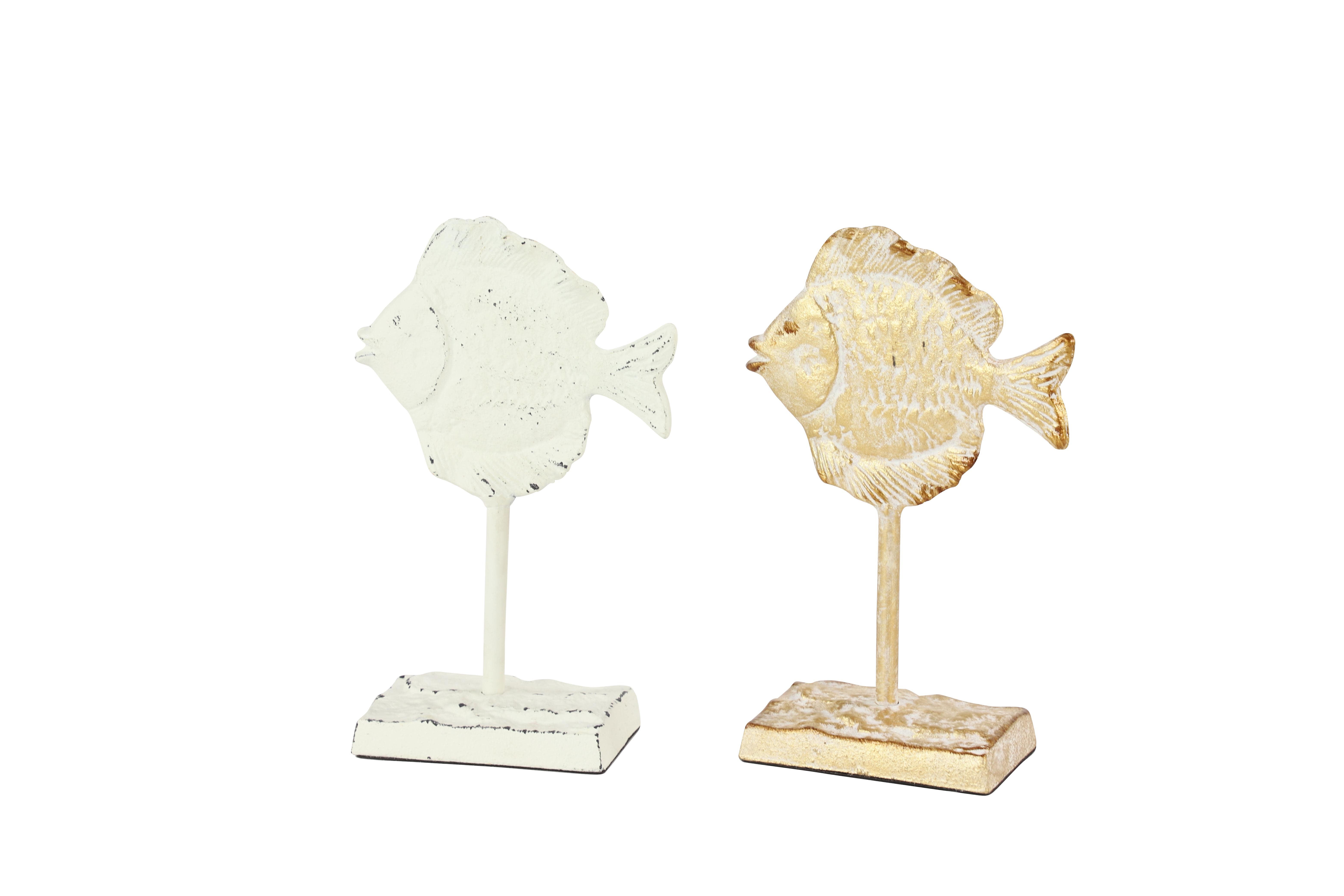 Coastal Style Large White and Gold Metal Fish Sculptures Table Decor, Set of 2 6" x 10"