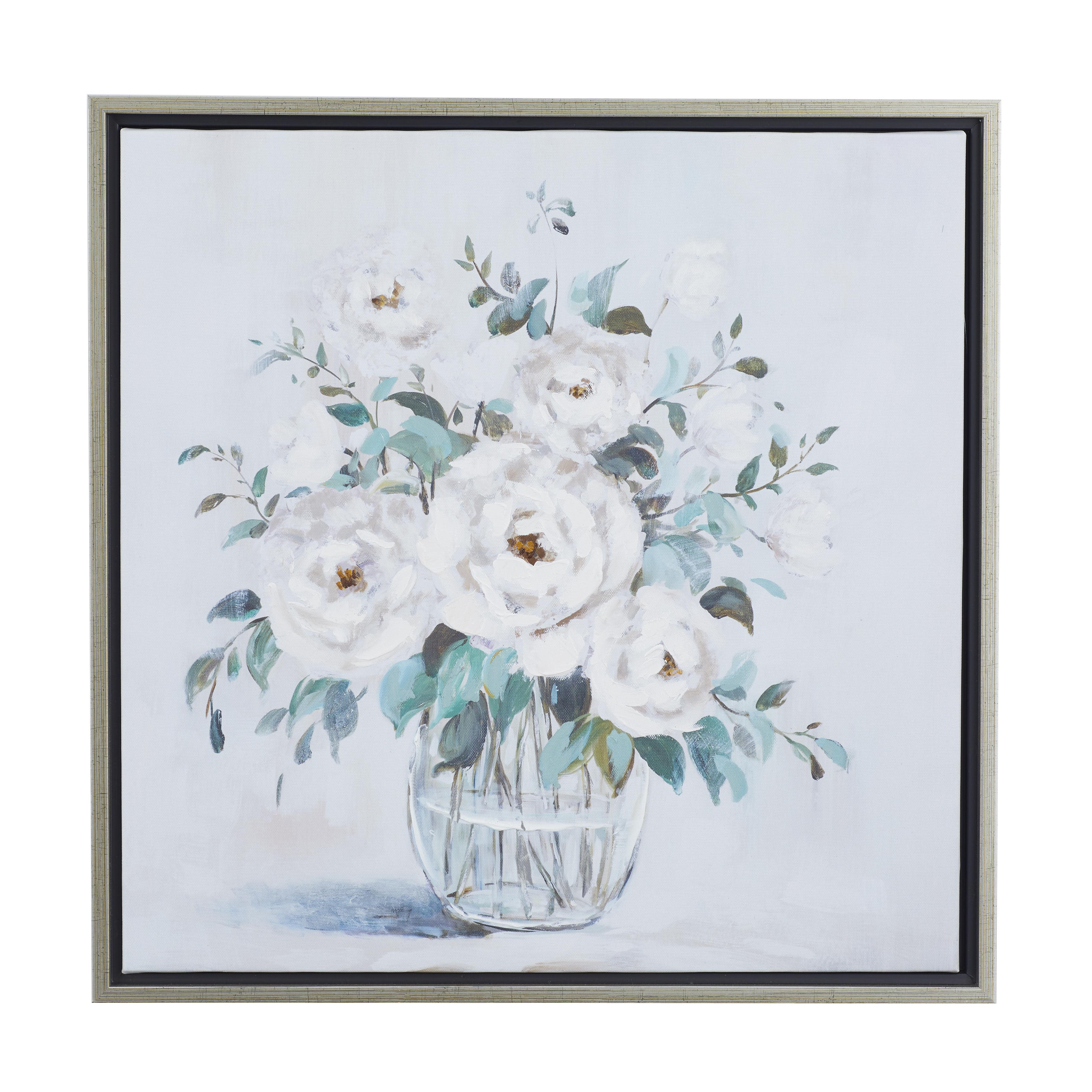 Multi Colored Canvas Floral Bouquet Framed Wall Art with Silver Frame, 24" x 2" x 24"
