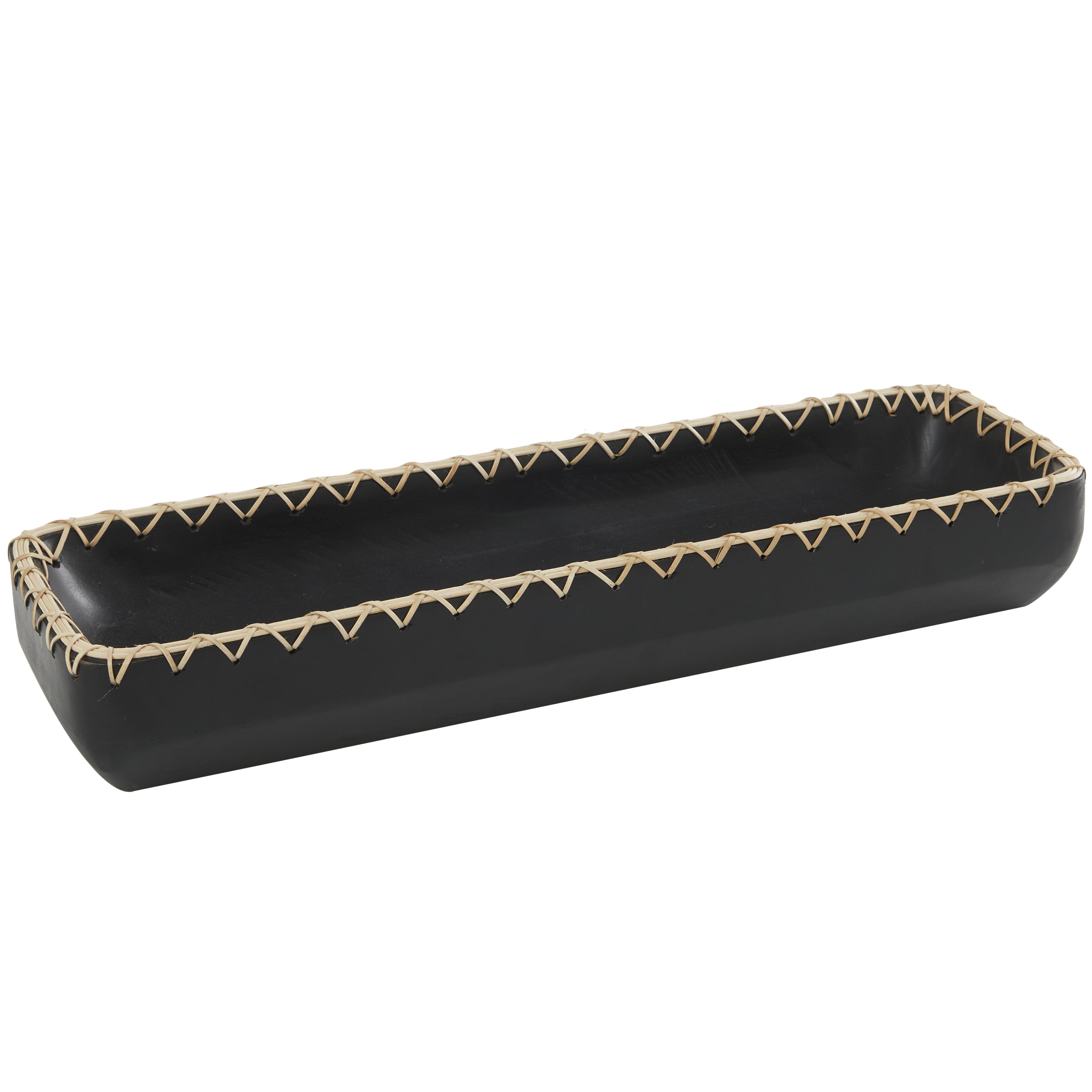 Black Mango Wood  Handmade Nesting Living Room Decor Tray with Hand Woven Seagrass Accents, 24" x 7" x 4"
