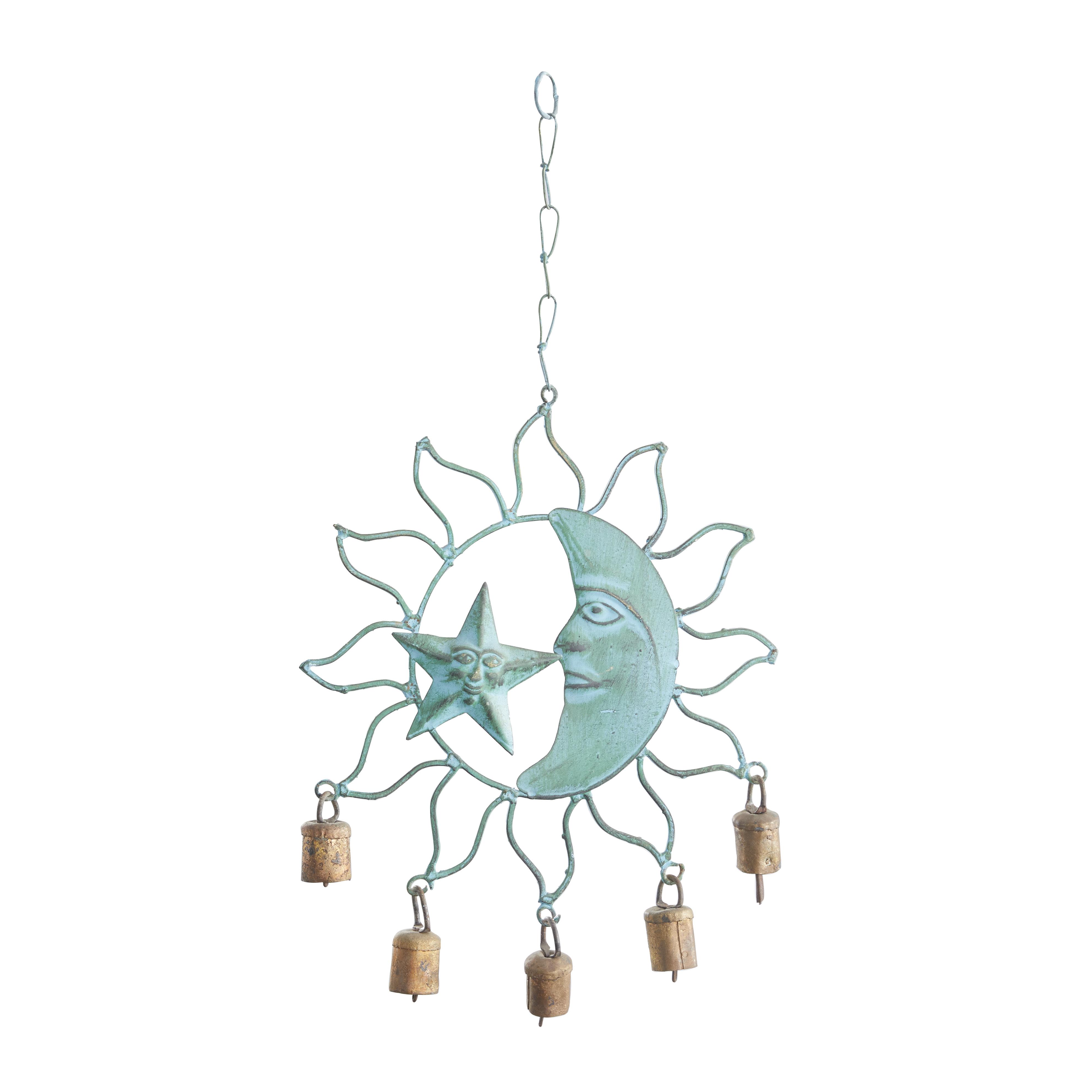 ( pack 6 ) Teal Metal Sun and Moon Indoor Outdoor Windchime with Bells, 11\" x 1\" x 13\"