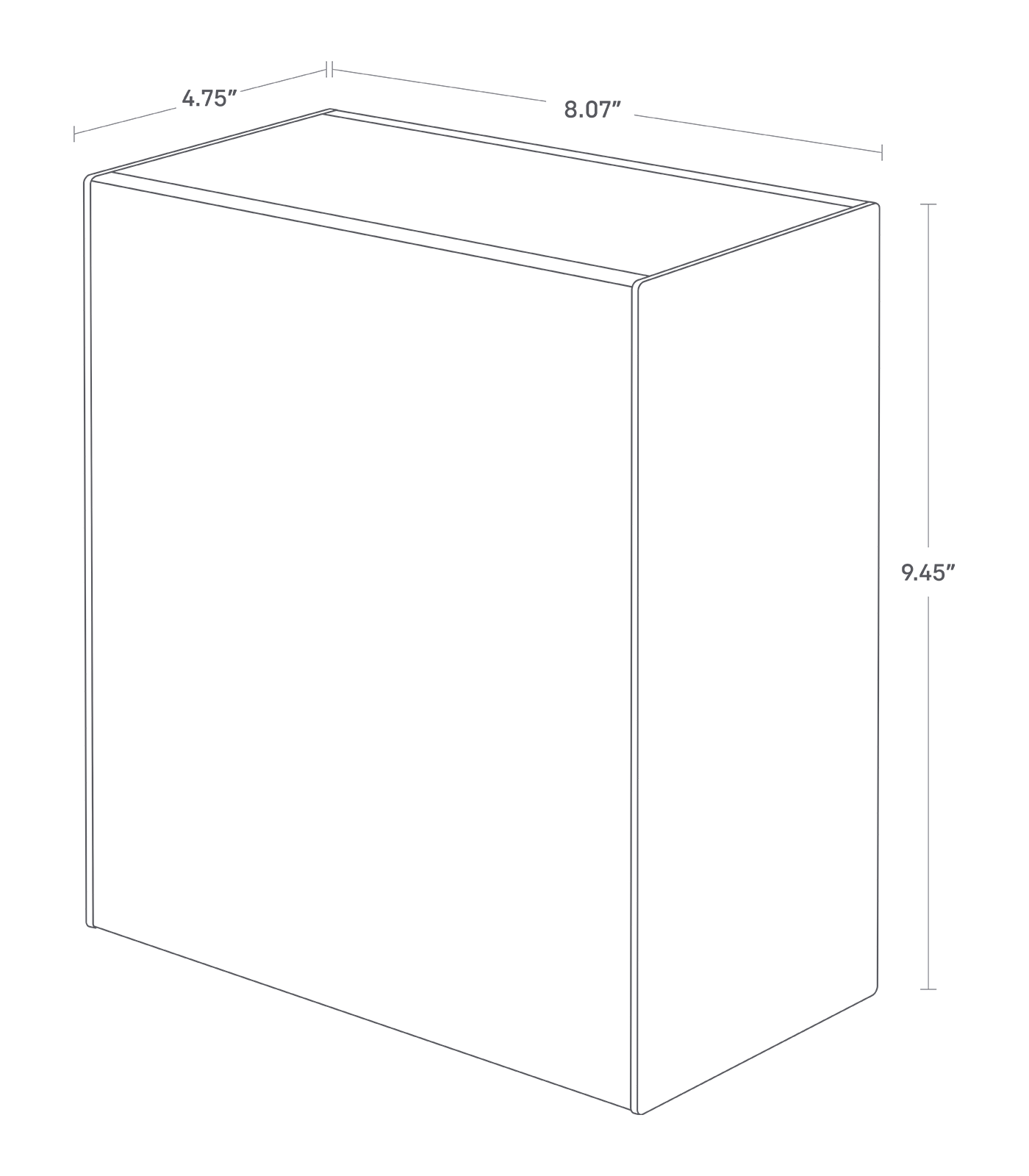 Dimension image for Wall-Mounted Storage or Trash Binon a white background showinglength of 8.07", width of 4.75",height of 9.45".