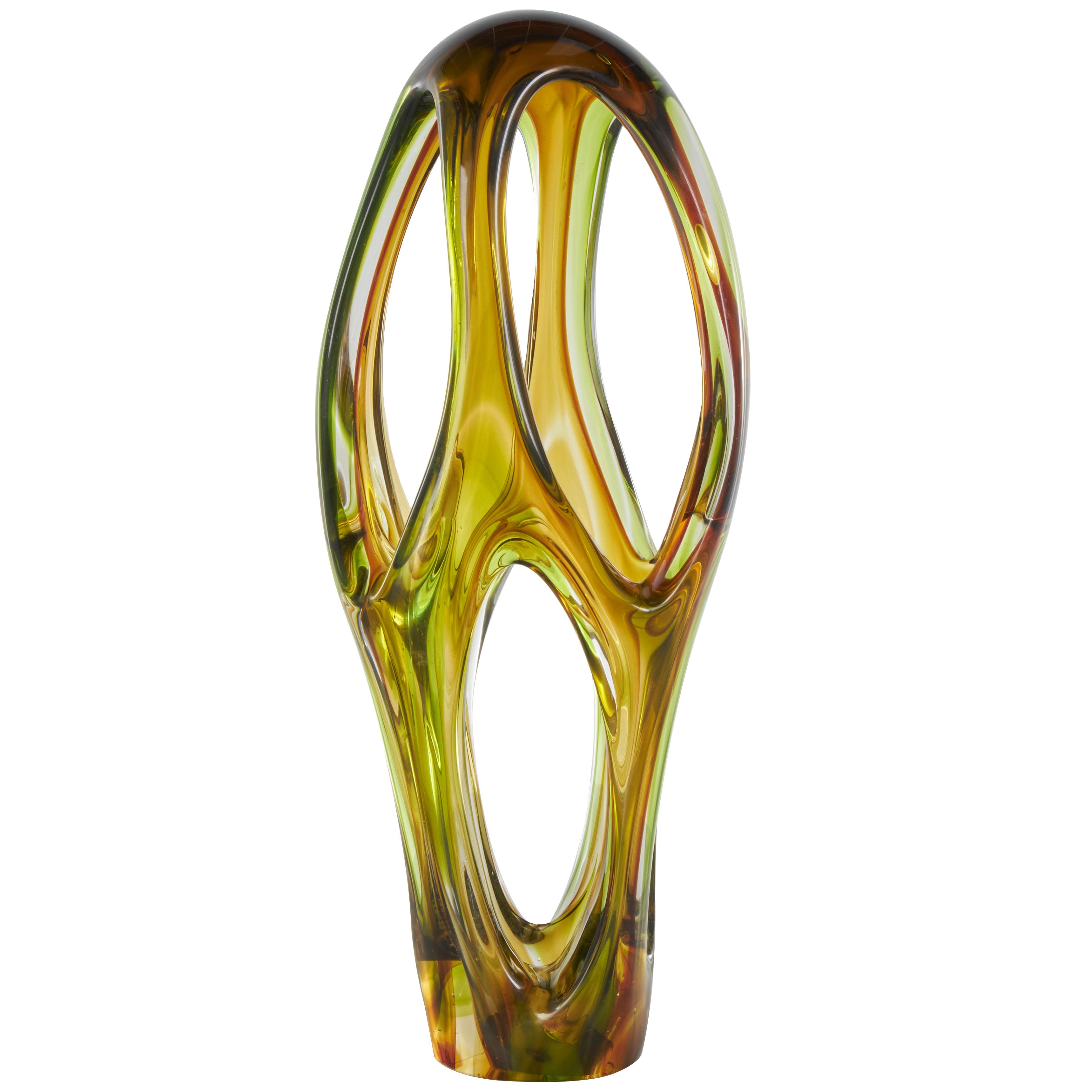Orange Glass Abstract Ombre Cutout Decorative Sculpture with Green Accents, 6" x 9" x 21"