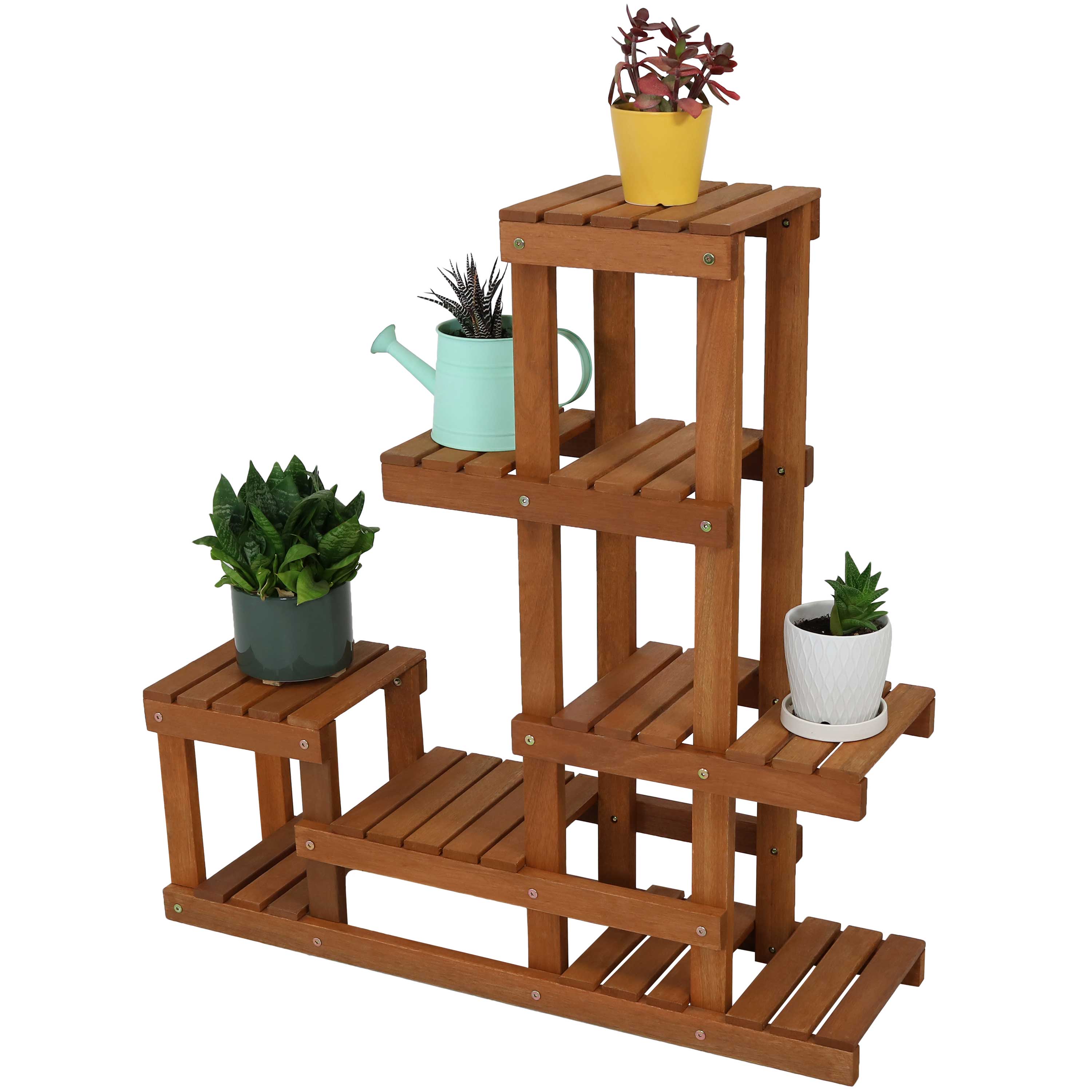 Sunnydaze Meranti Wood Multi-Tiered Indoor/Outdoor Plant Stand with Teak Finish