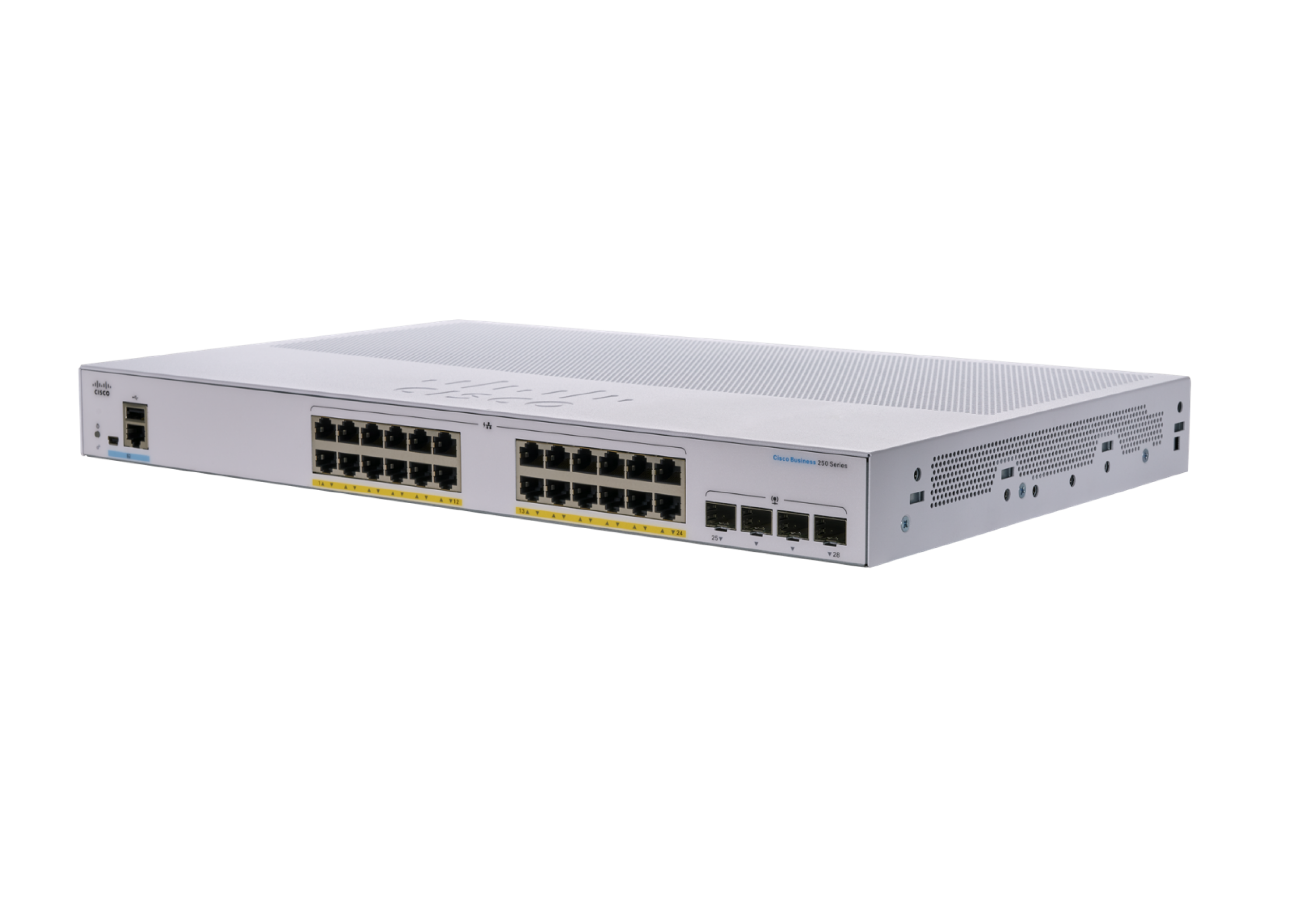 Picture of Cisco CBS250-24P-4X 28 Ports Manageable Ethernet Switch - 2 Layer Supported - Modular - 195 W PoE Budget - Optical Fiber, Twisted Pair - PoE Ports