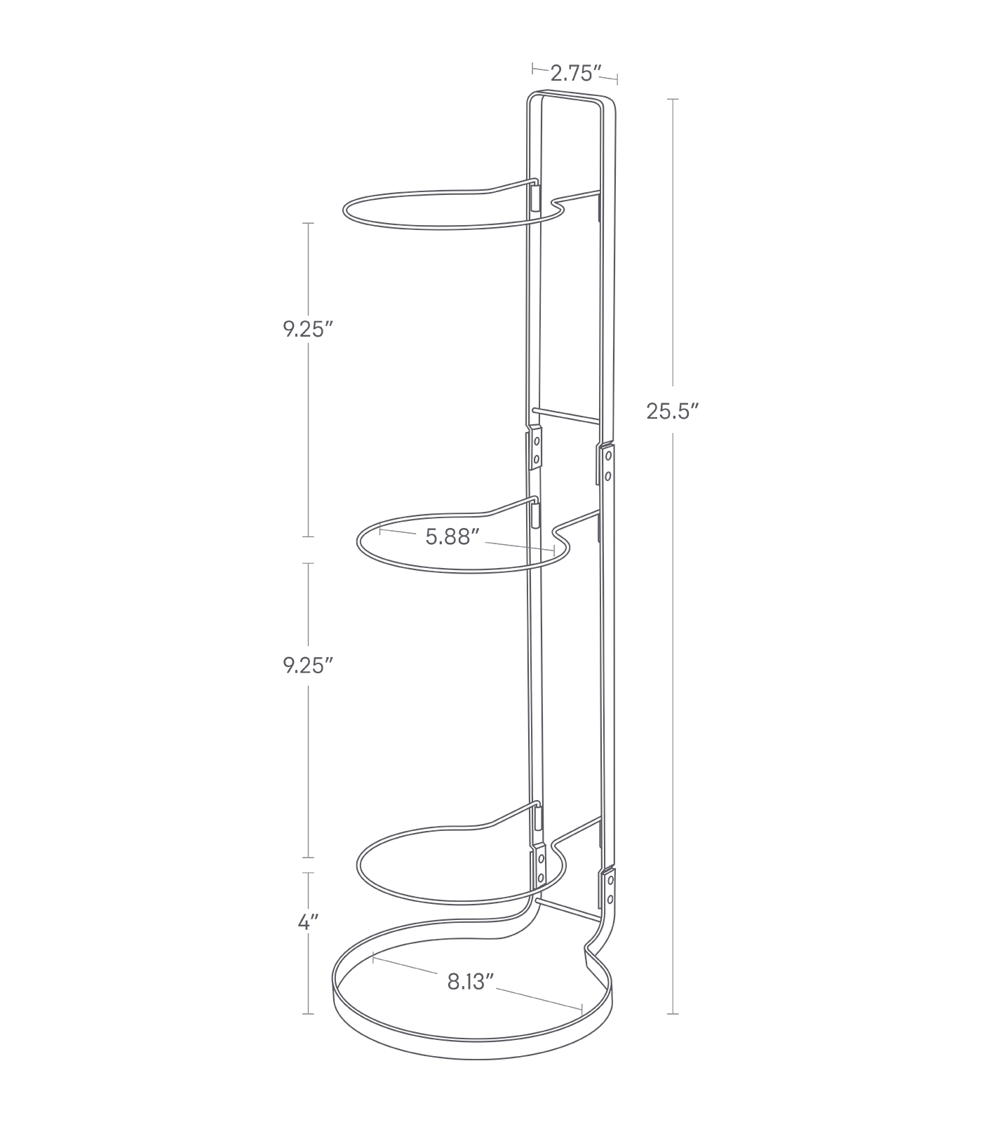 Dimension image of Sports Ball Stand with a height of 25.5", and base diameter of 8.13". The first tier is 4" off the floor, and the three tiers are each spaced 9.25" apart. The back of the stand is 2.75" wide.