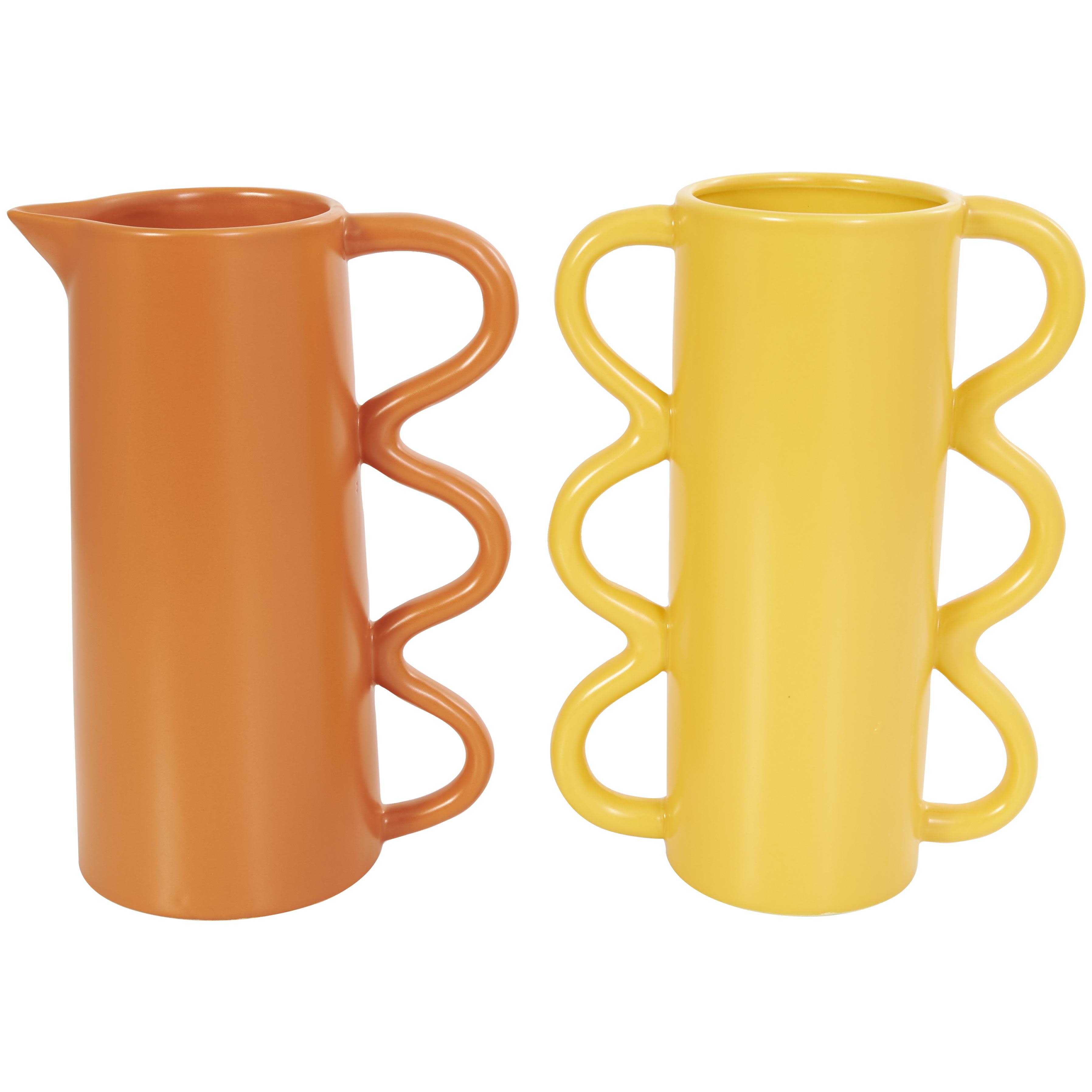 CosmoLiving by Cosmopolitan Multi Colored Ceramic Geometric Decorative Vase with Varying Shapes and Wavy Handles, Set of 2 8"W, 10"H