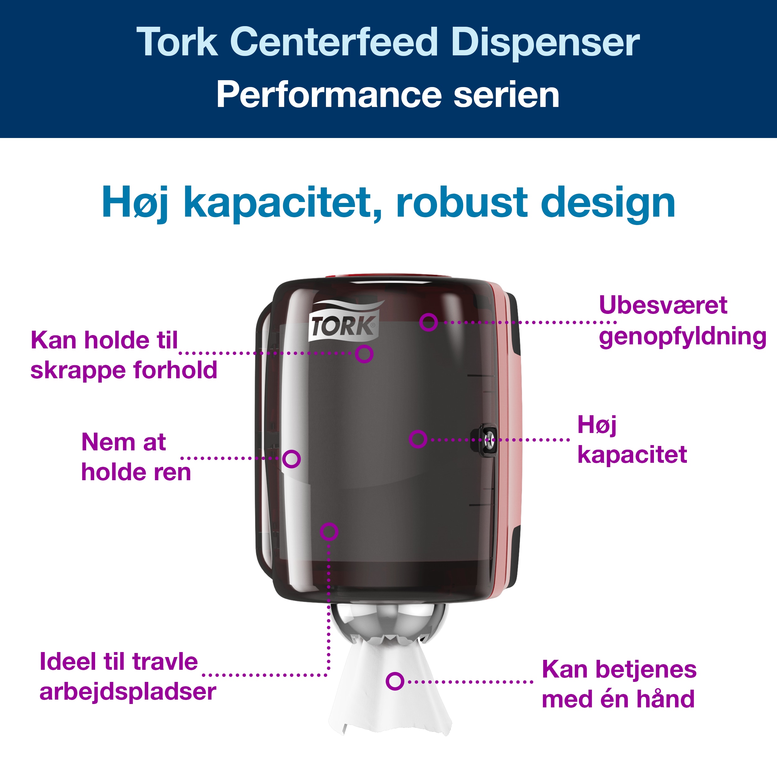 Aftørringsdispenser, Til aftørringsruller, Centerfeed, Sort-rød, Tork Midi M2