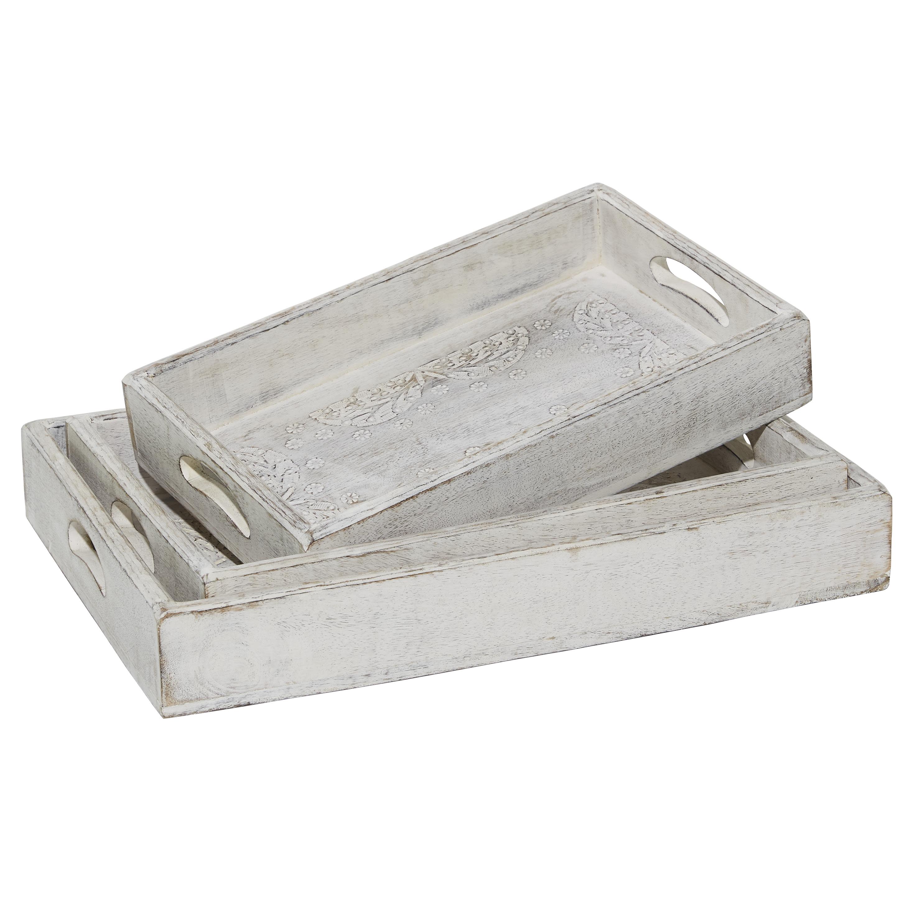 White Wood  Living Room Decor Tray, Set of 3 16", 18", 20"W