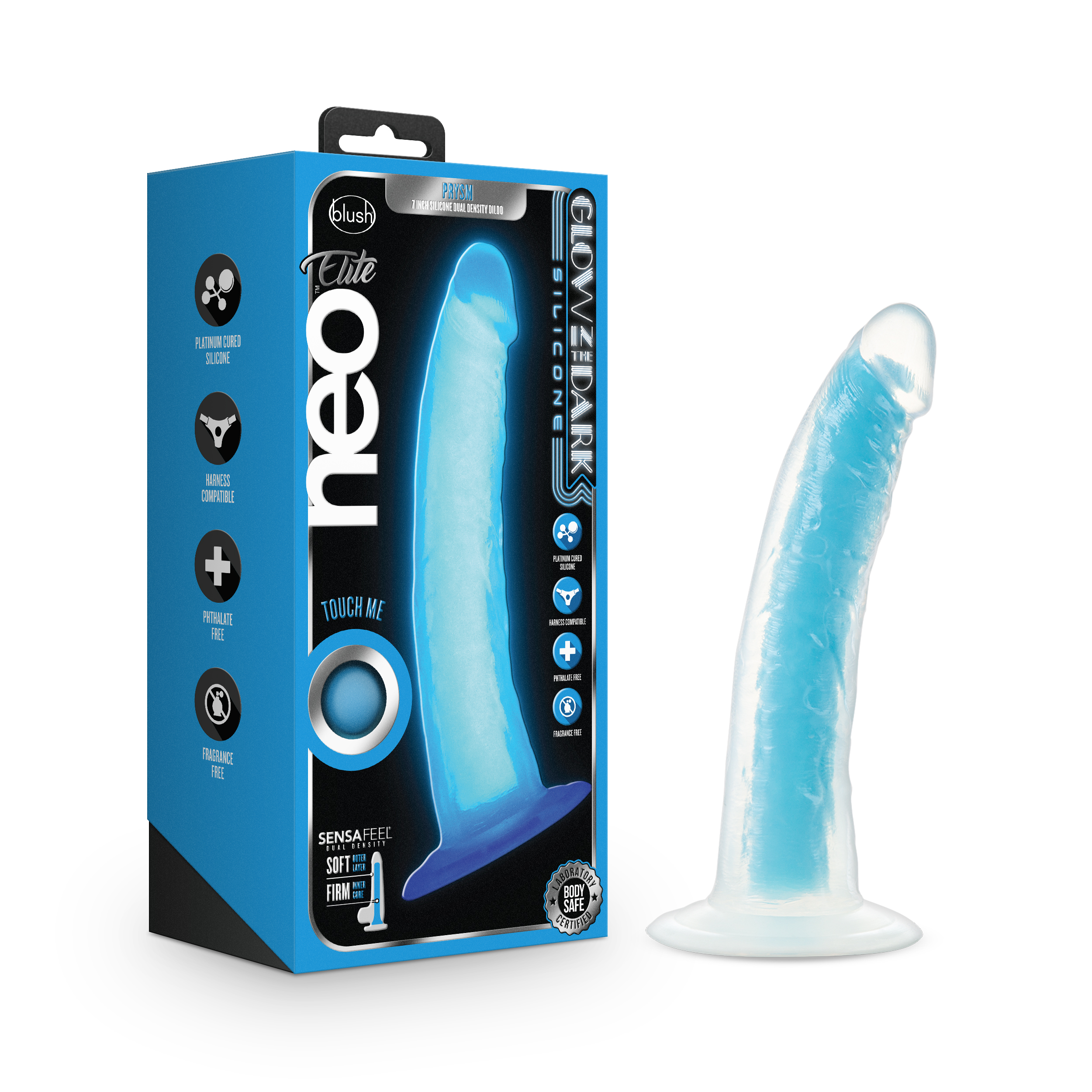 Blush Neo Elite? / Prysm Glow In The Dark Neon Blue: 7-Inch Long Dildo - Made with Purio? Silicone & SensaFeel? Dual Density Realistic Technology