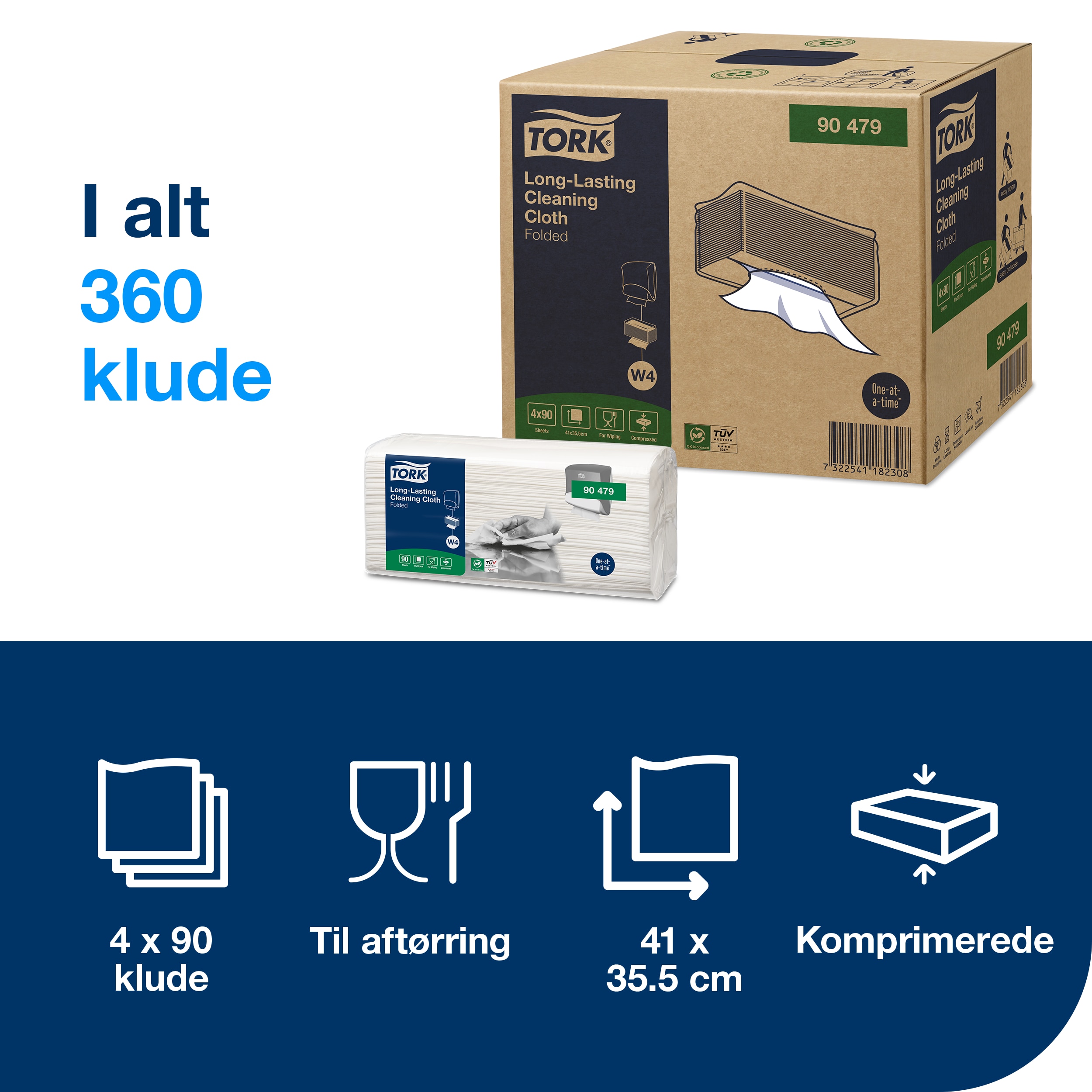 Aftørringsklud, Alt-i-en, Hvid, 360 klude, Tork W4