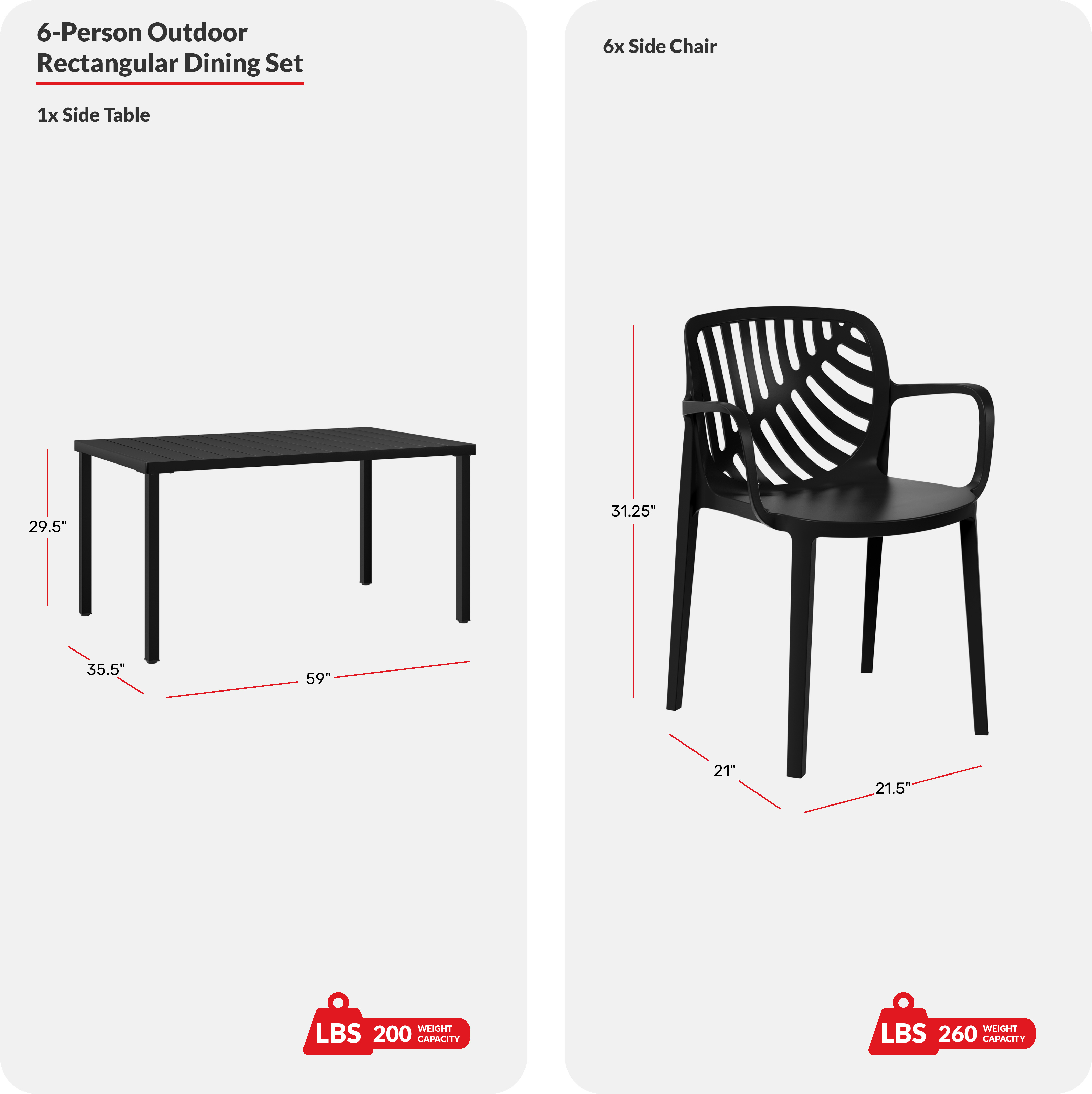 7-Piece Outdoor Metal Rectangle Patio Dining Table Set With Stackable Resin Patio Dining ChairsCOS Spec Image