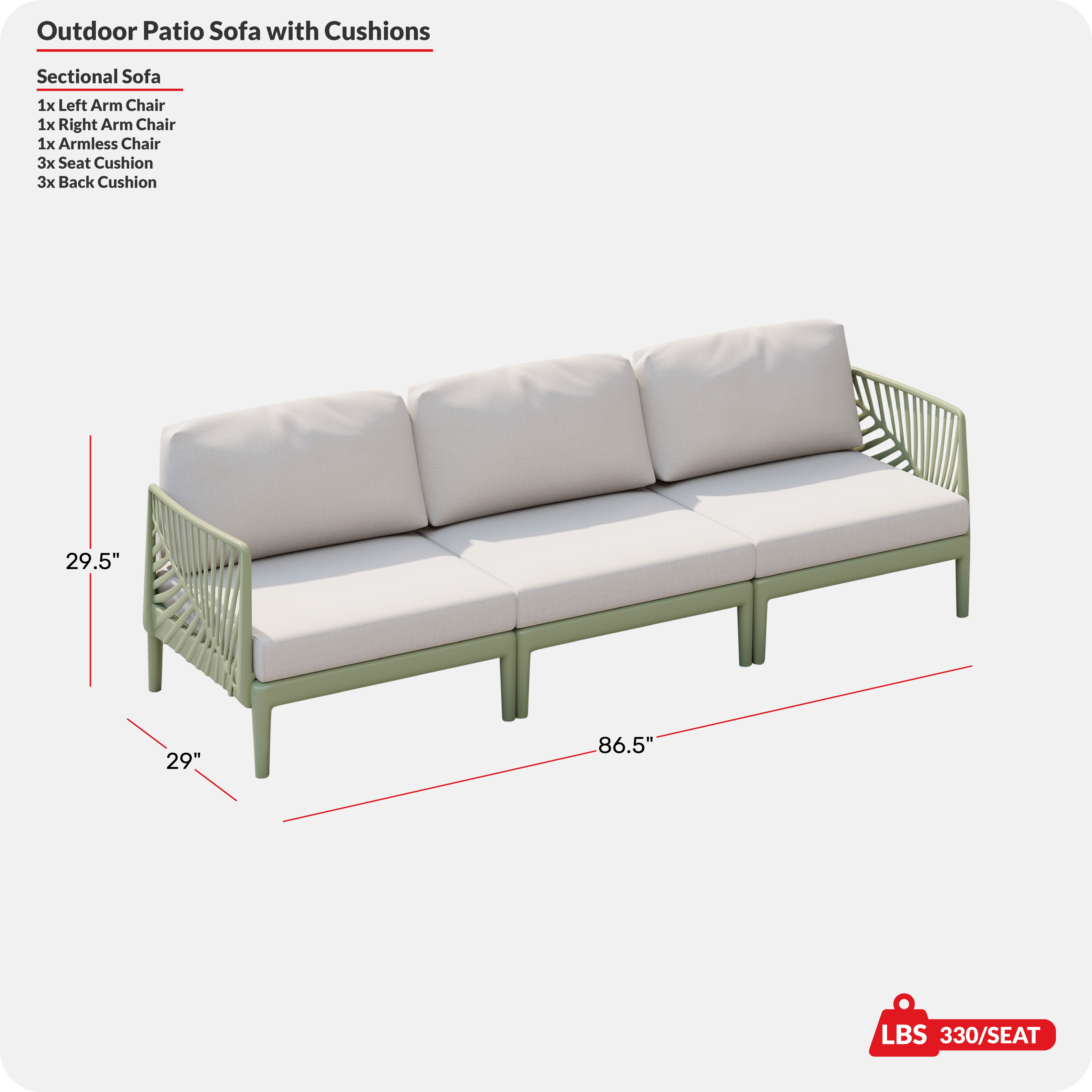 Modern Polypropylene Resin 3 Seat Outdoor Patio SofaCOS Spec Image