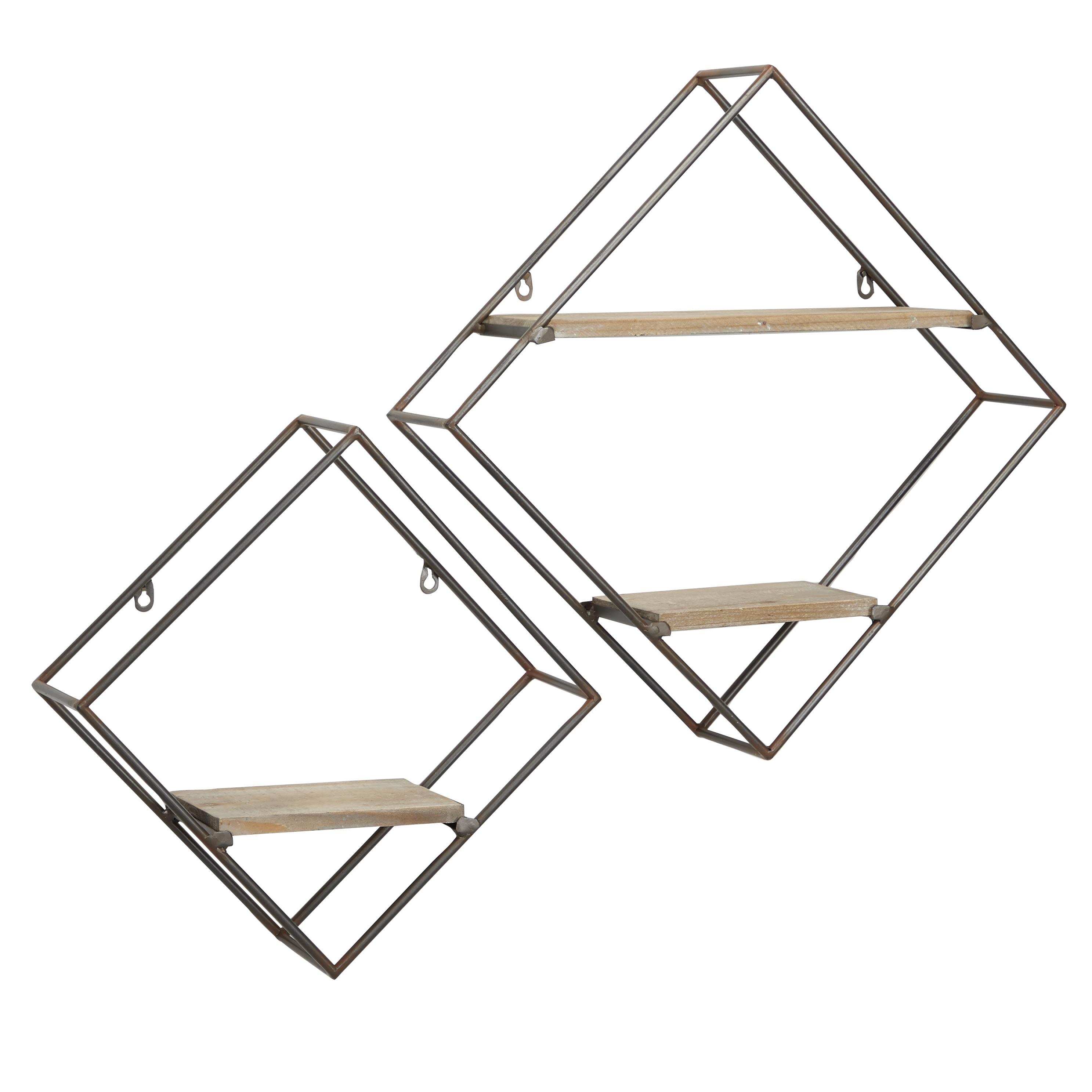 Black Metal  Diamond 1 shelve Wall Shelf, Set of 2 12\", 16\"H