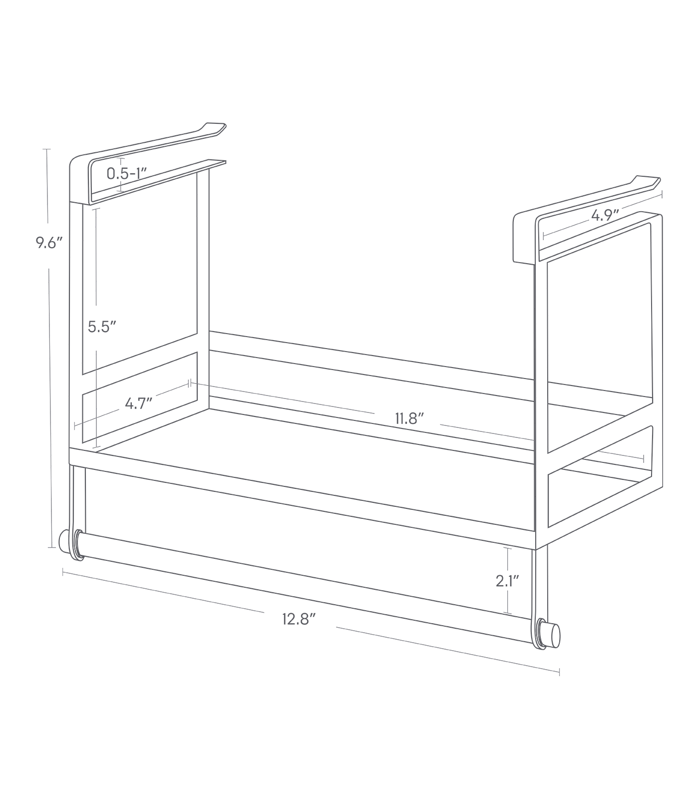 Dimension image for Undershelf Organizer on a white background including dimensions  L 4.92 x W 12.8 x H 9.65 inches