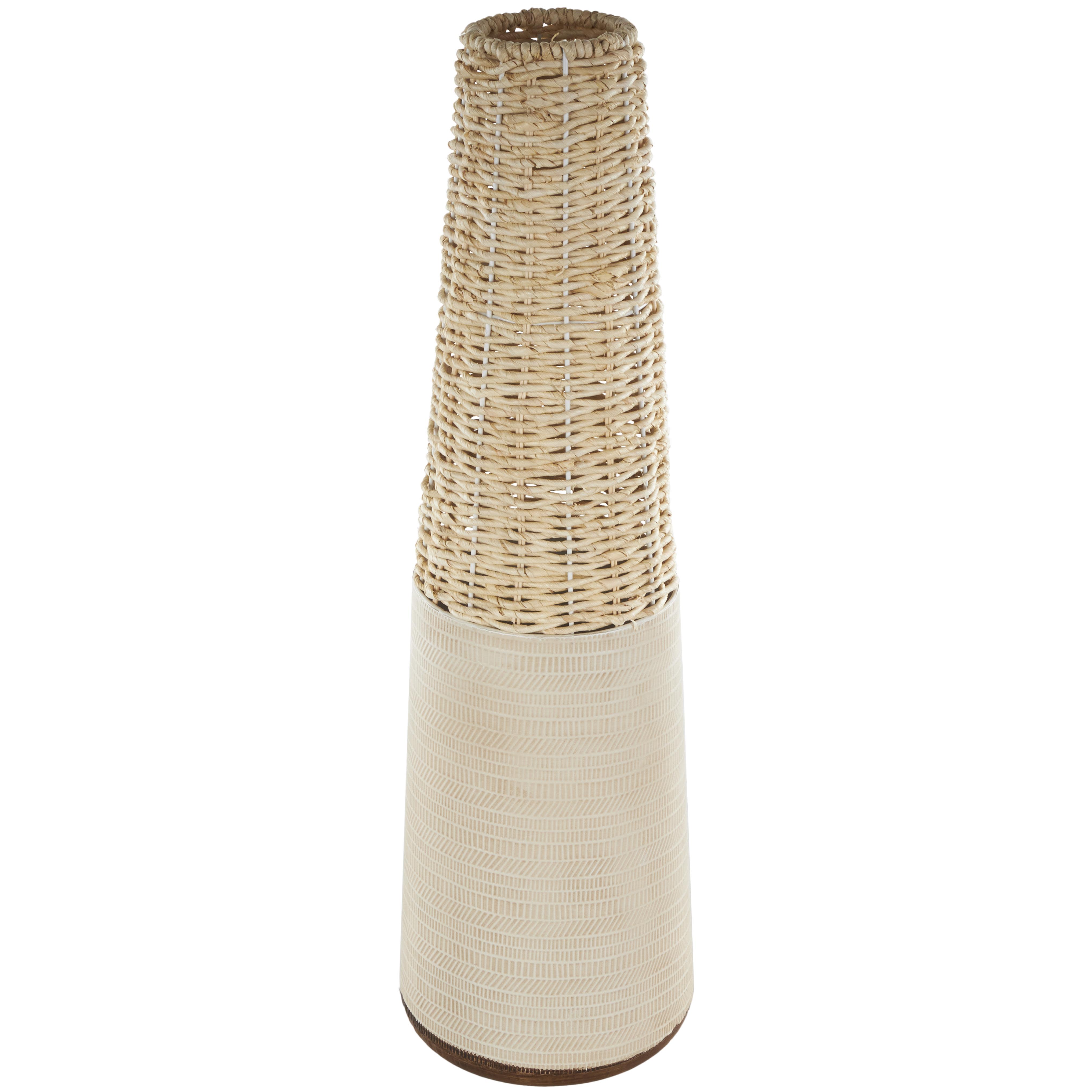 Light Brown Rattan Geometric Handmade Woven Decorative Vase with Beige Metal Base and Abstract Linear Markings, 8" x 8" x 26"