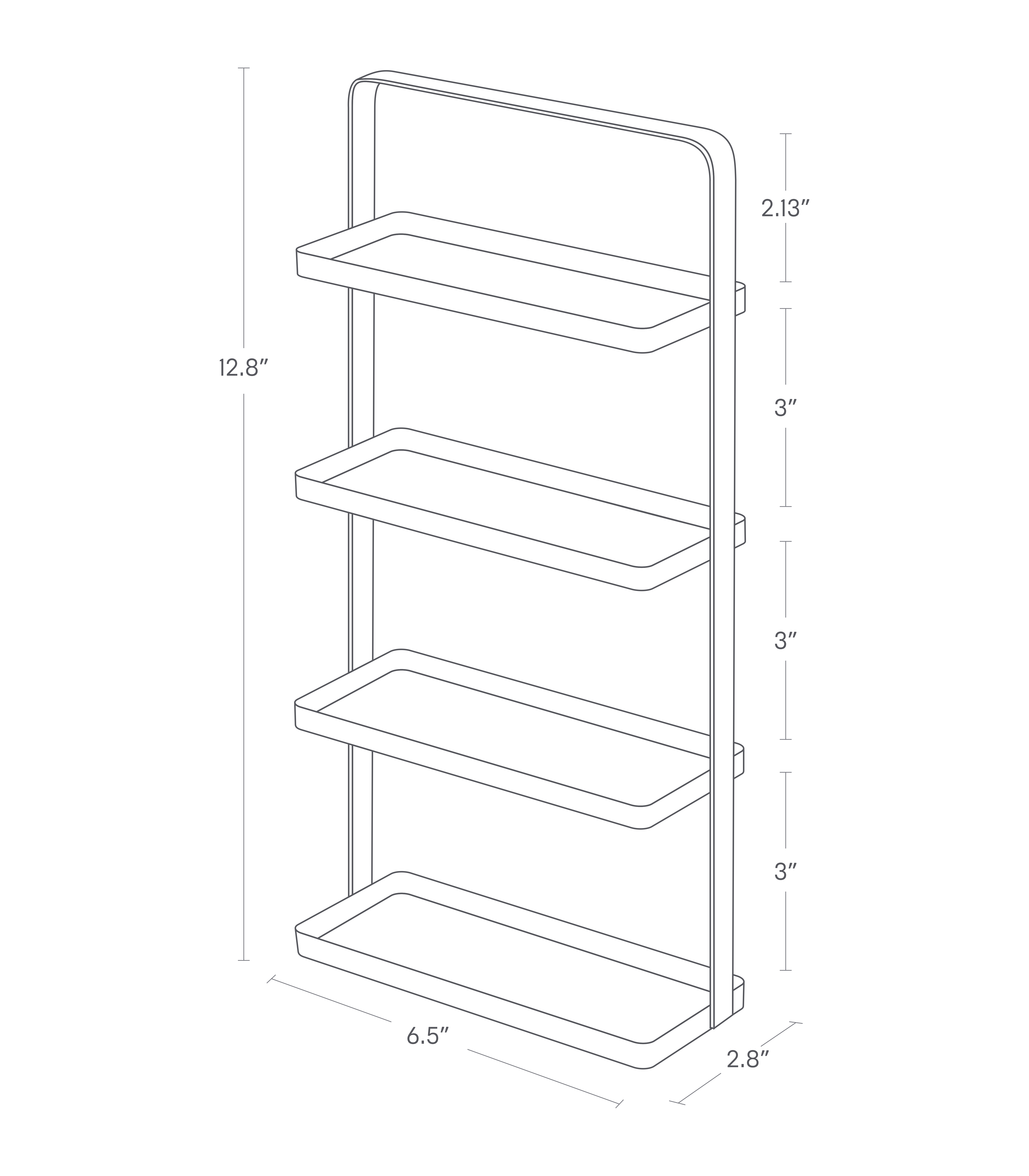 Dimenision image for Jewelry Standon a white background showing total width of 2.8", length of 6.5", height of 12.8". The between of each shelf shows height of 3" and the lengh from the top to the first shelf is 2.13".