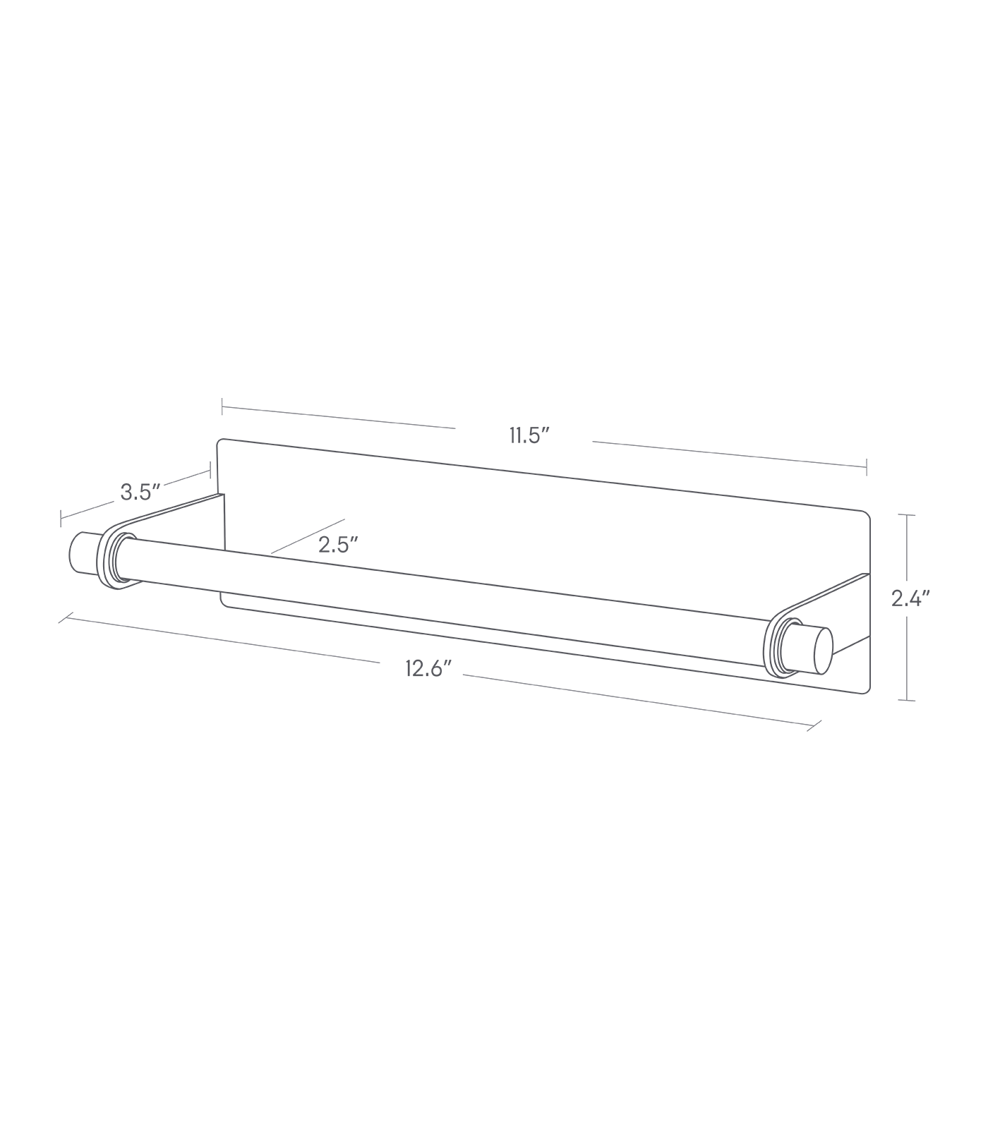 Dimension image for Magnetic Kitchen Towel Hanger showing height of 2.4", total width of 11.5", a wooden bar width of 12.6", total length of 3.5" and 2.5" between the bar and the back panel