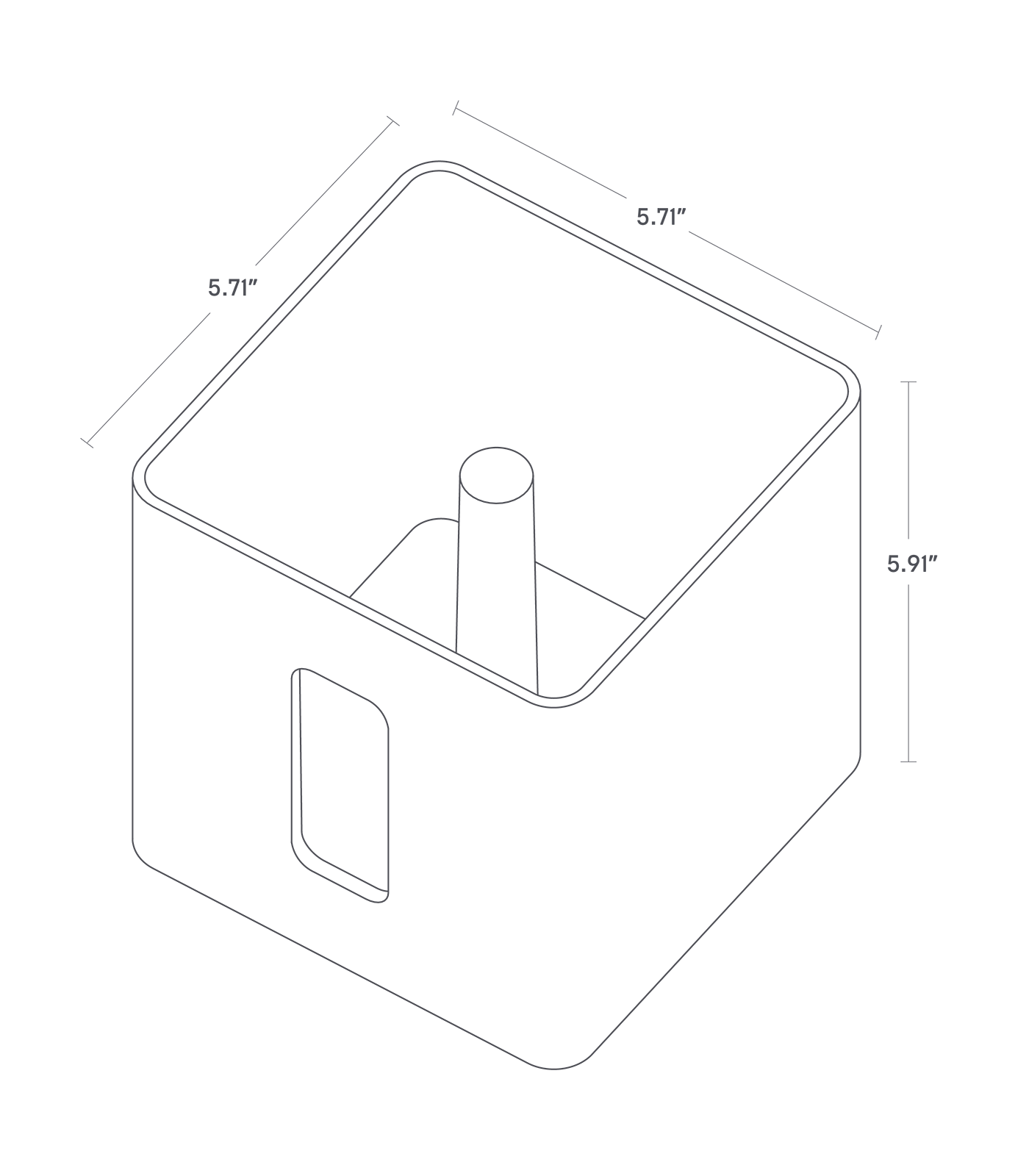 Dimension Image for Discreet Paper Holder on a white background showing height of 5.91" and length and width of 5.71".