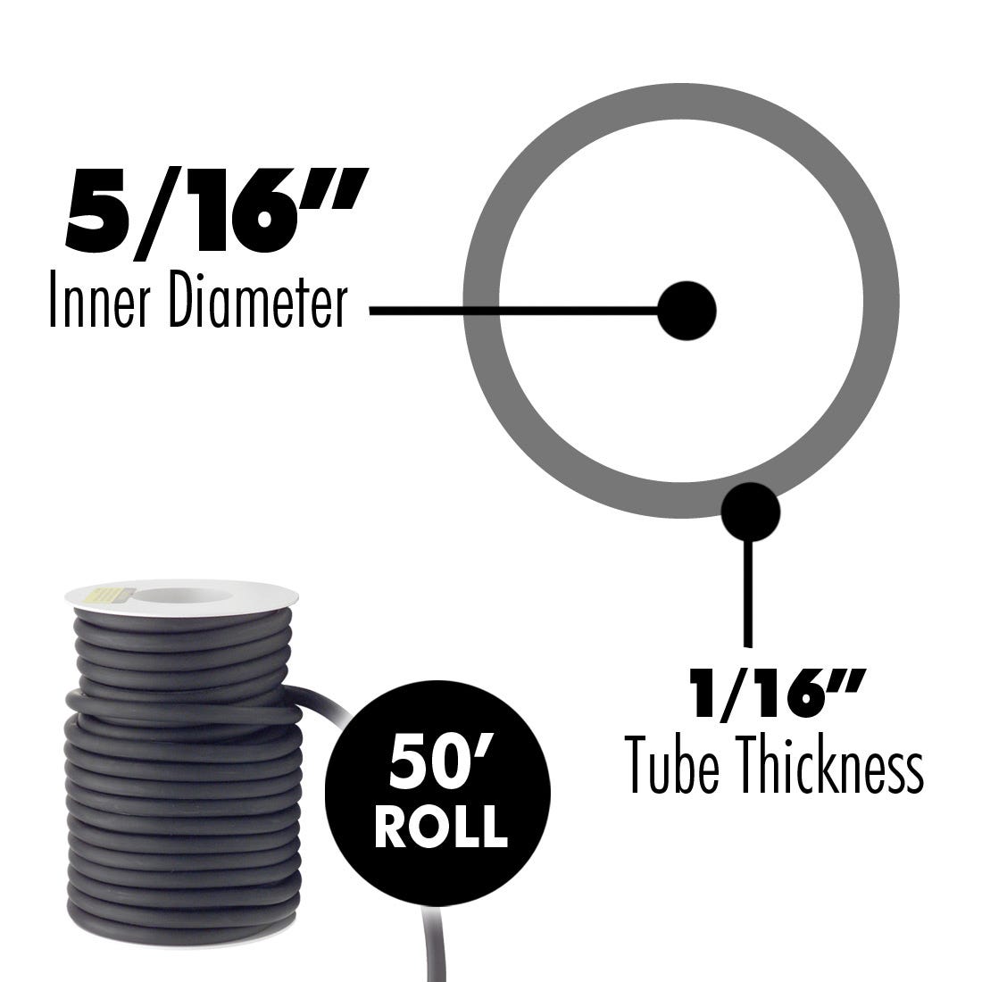 ACE Latex Rubber Tubing Black, 5/16" x 1/16"- 50' Roll