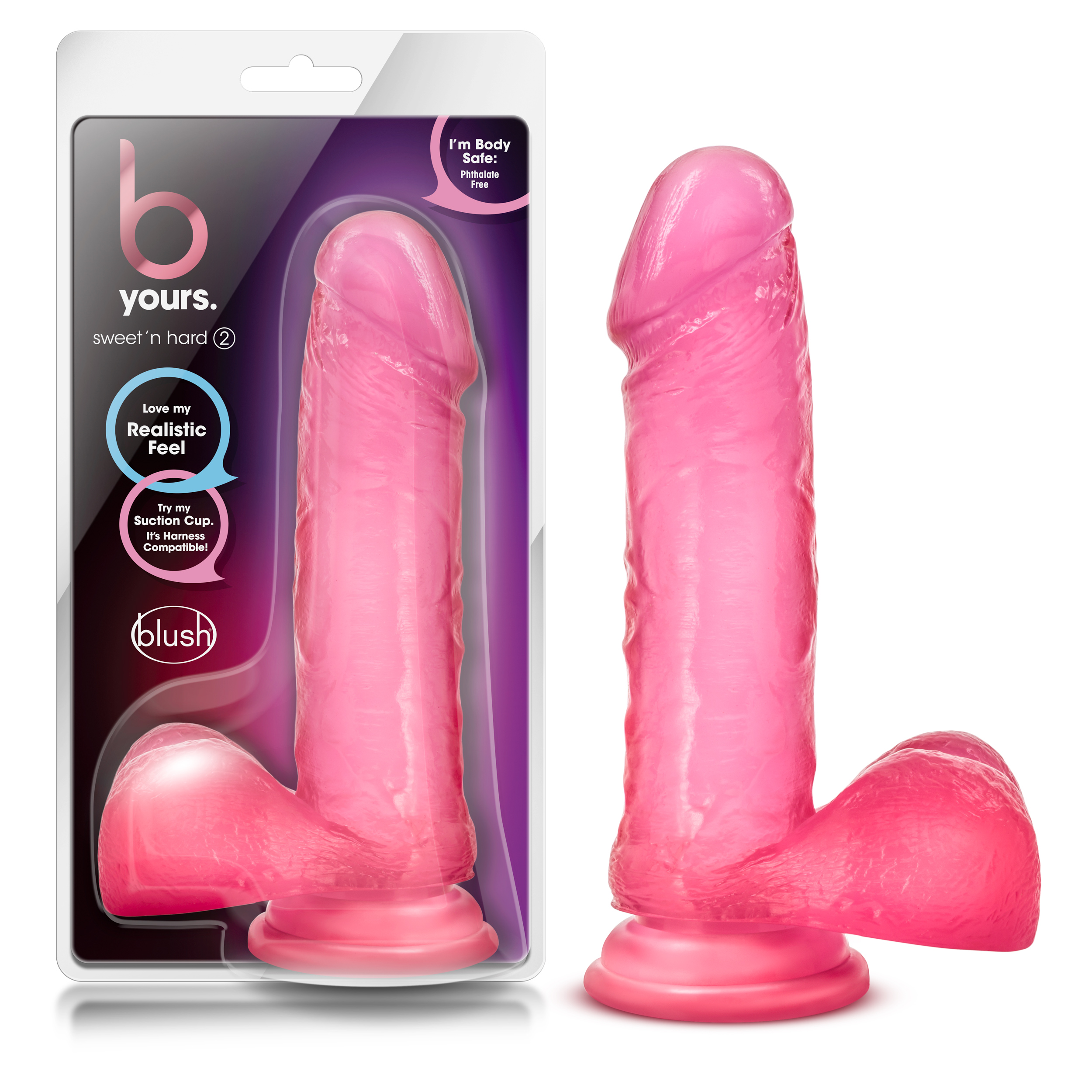 Blush B Yours Sweet N' Hard 2 Realistic Pink 8-Inch Long Dildo With Balls & Suction Cup Base