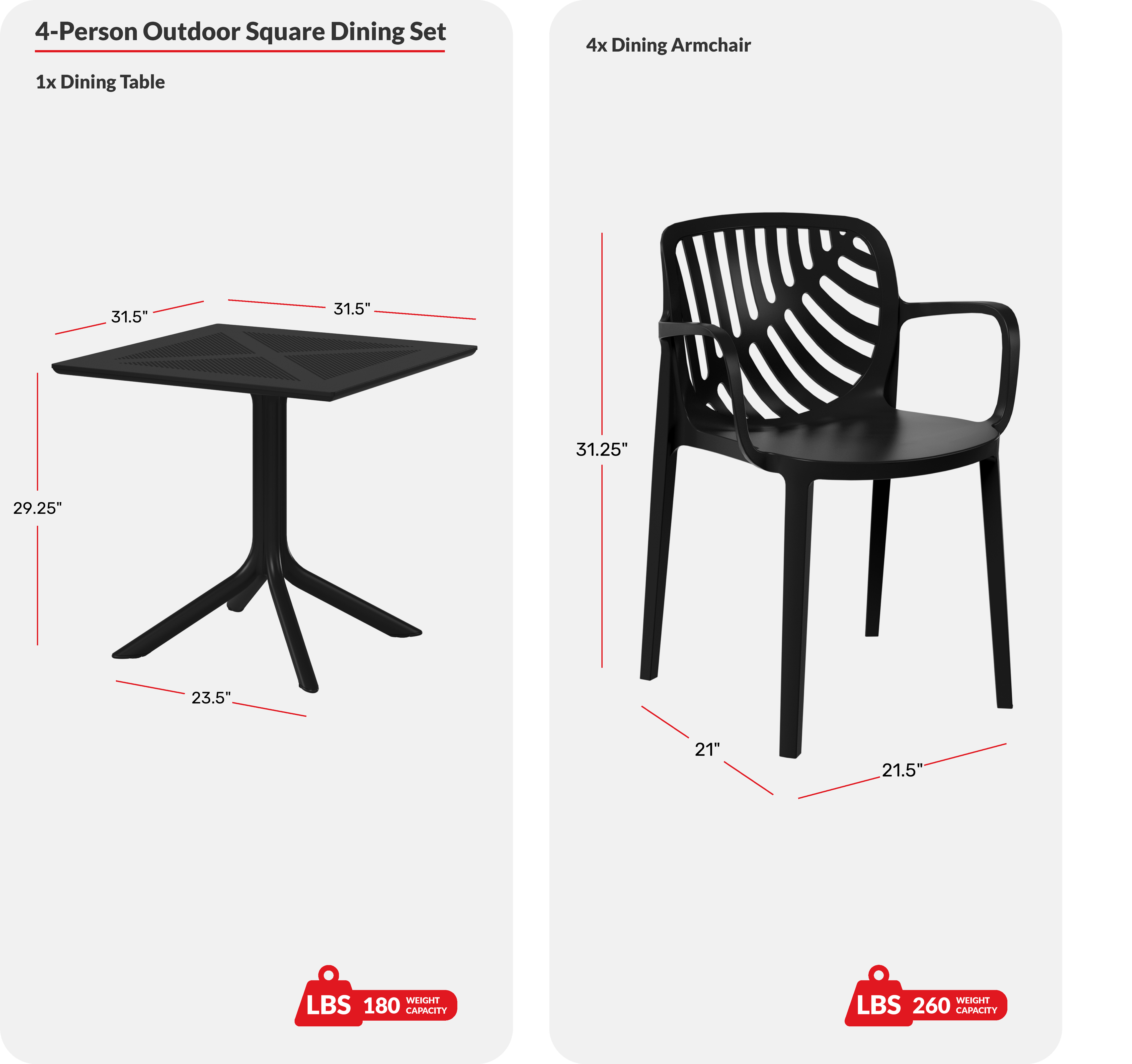 5-Piece Outdoor Resin Square Patio Dining Table Set with Modern Stackable Patio Dining ChairsCOS Spec Image
