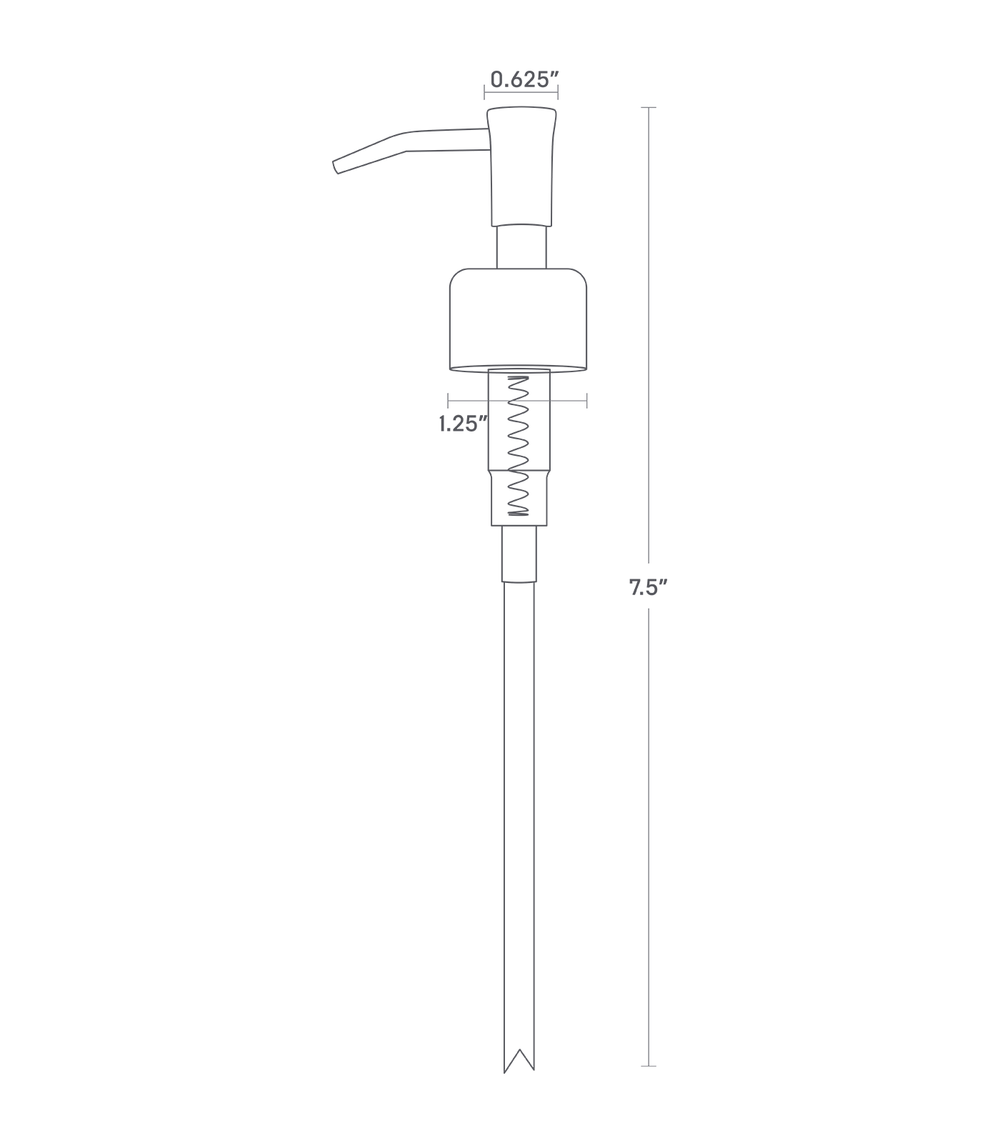 Dimension image for Replacement Dispenser Pump with a total height of 7.5", a pump top diameter of 0.625", a pump base diameter of 1.25".