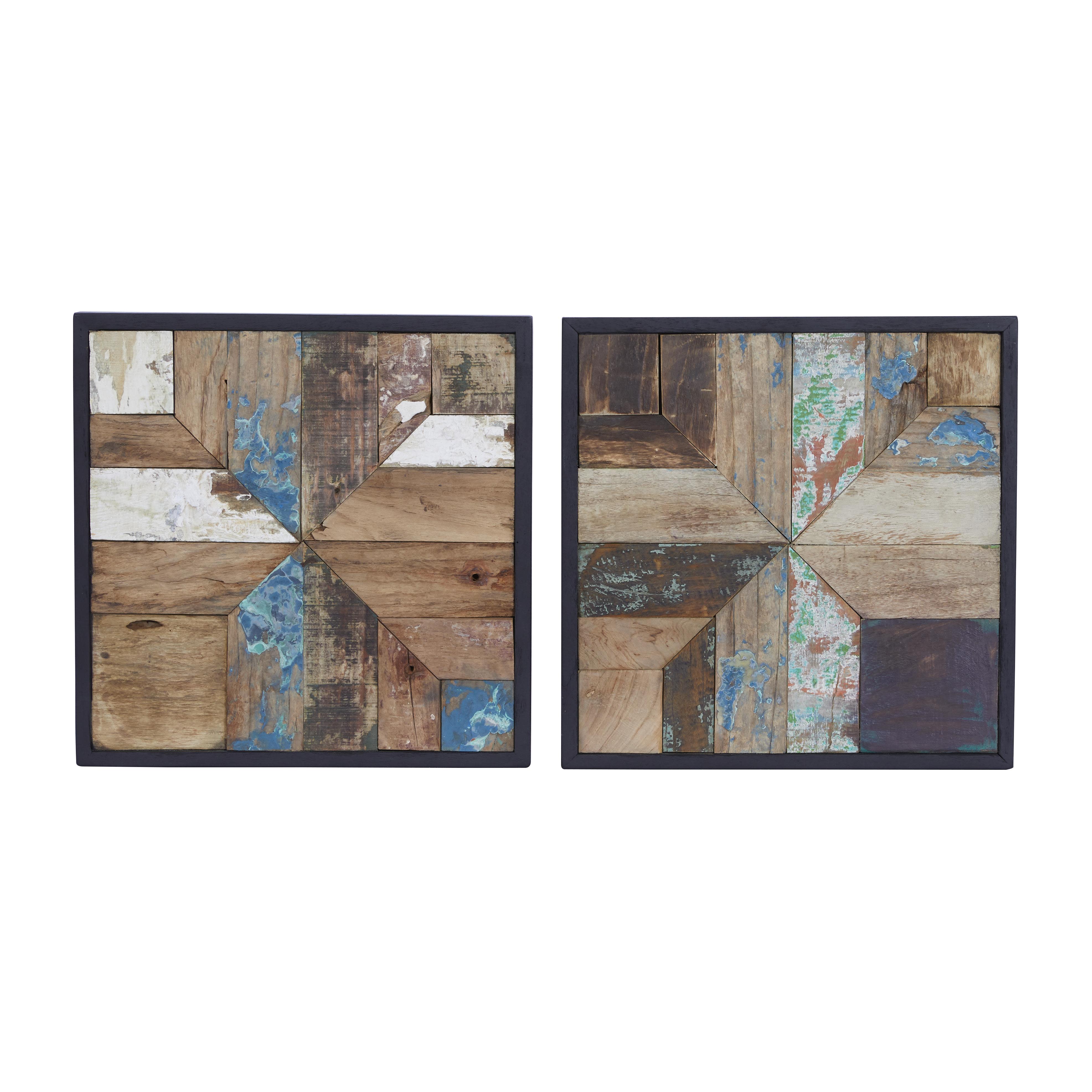 Brown Teak Wood Abstract Handmade Wall Decor, Set of 2 17"W, 17"H