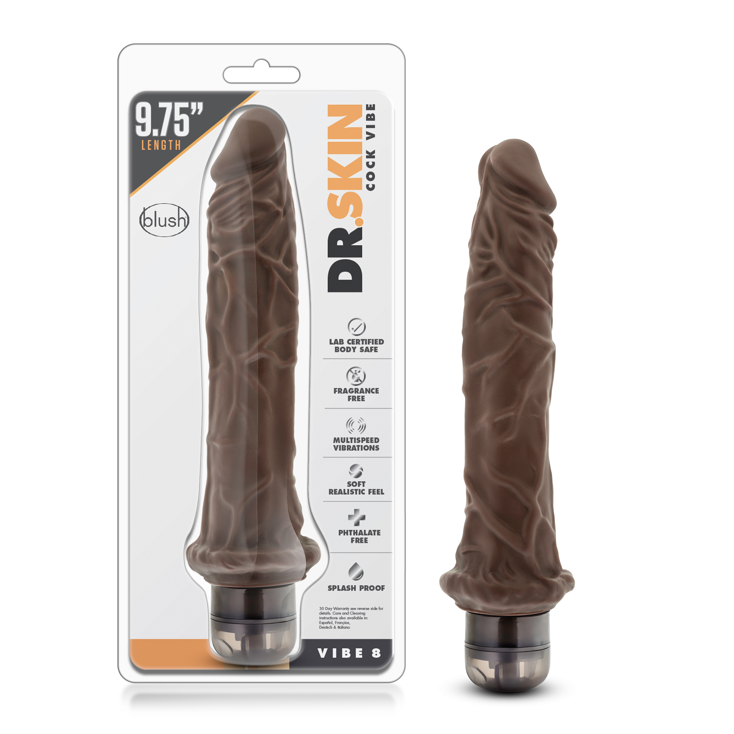 Blush Dr. Skin Cock Vibe 8 Realistic Chocolate 9.75-Inch Long Vibrating Dildo