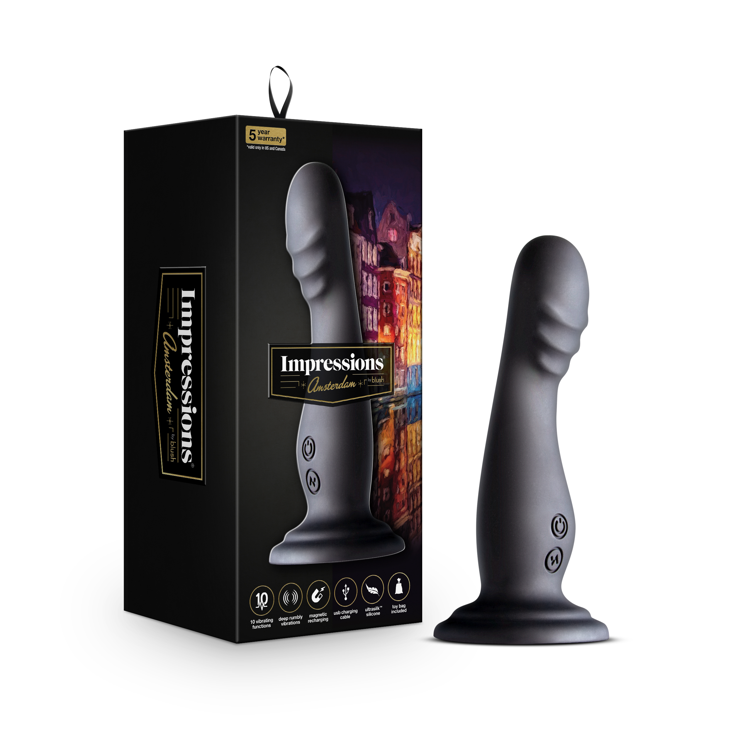 Blush Impressions Amsterdam Black 6.75-Inch Long Rechargeable Vibrating Dildo With Suction Cup Base