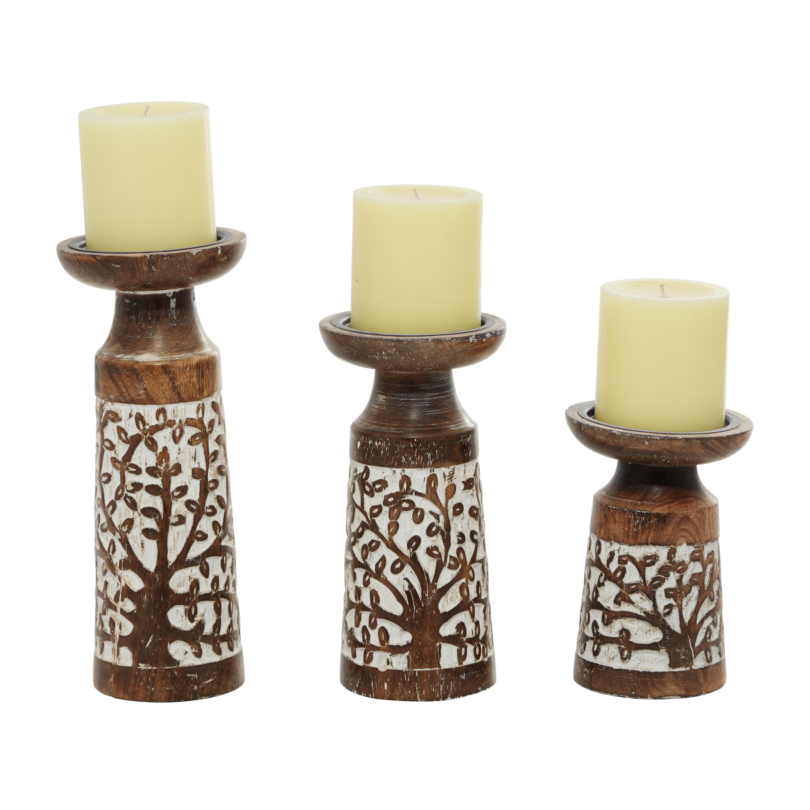 Brown Mango Wood Tree Handmade Decorative Candle Holder with Whitewashed Cream Backing, Set of 3 10", 8", 6"H