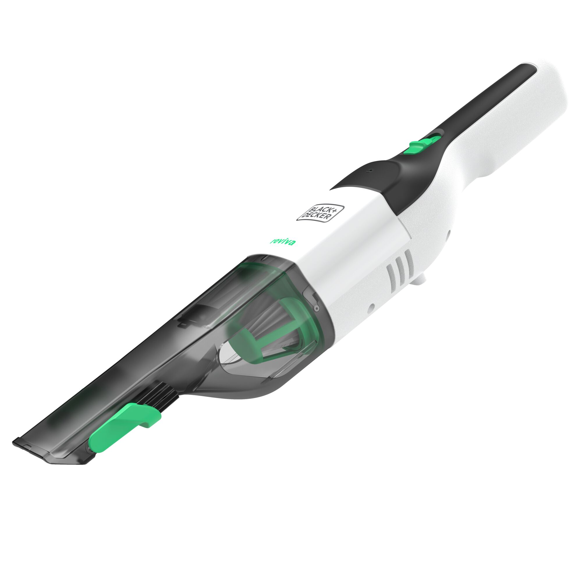 3/4 view of the BLACK+DECKER reviva hand vac on a white background