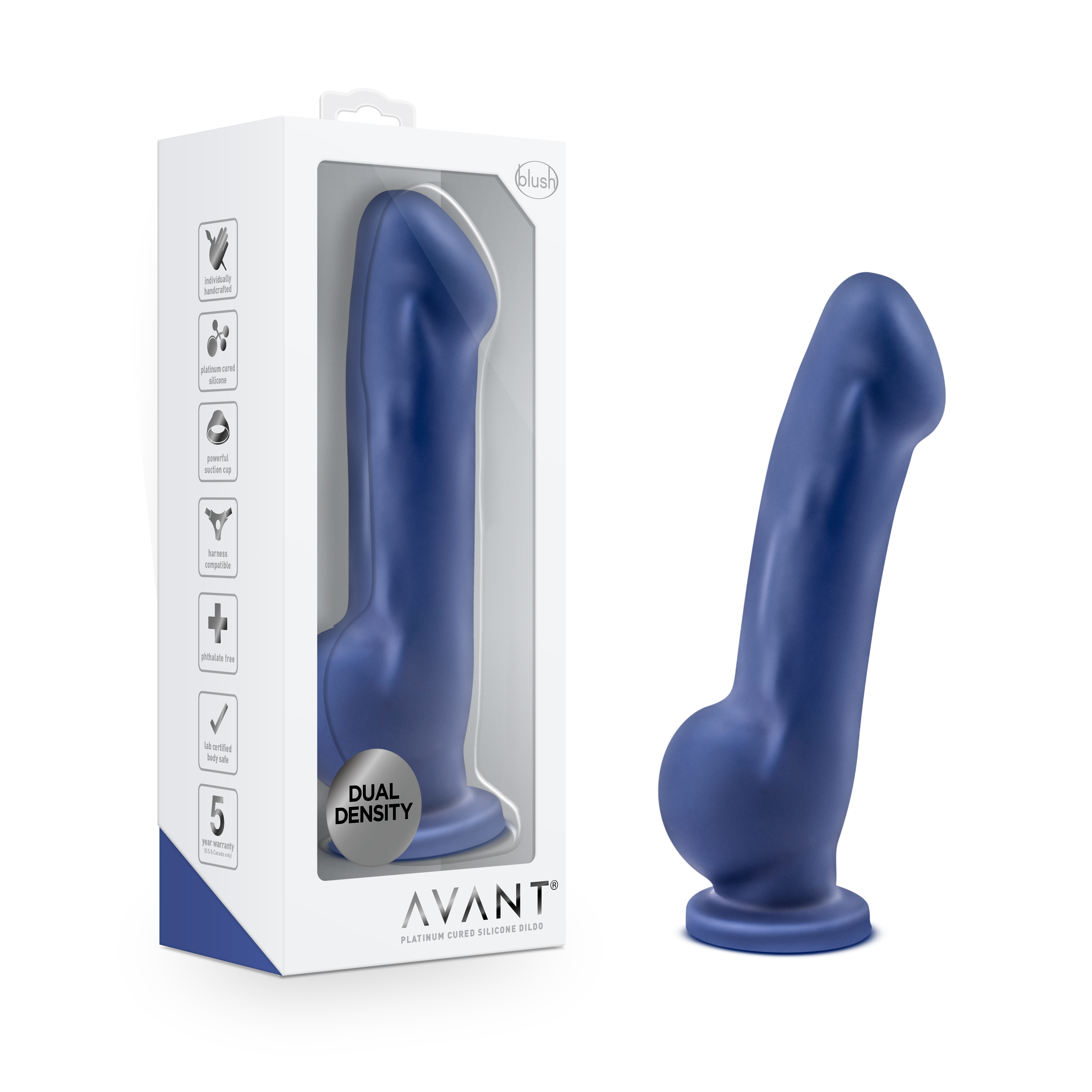 Blush Avant / Ergo Indigo D8: Artisan 7 Inch Dildo with Suction Cup Base - Elegantly Made with Smooth Ultrasilk? Purio? Silicone