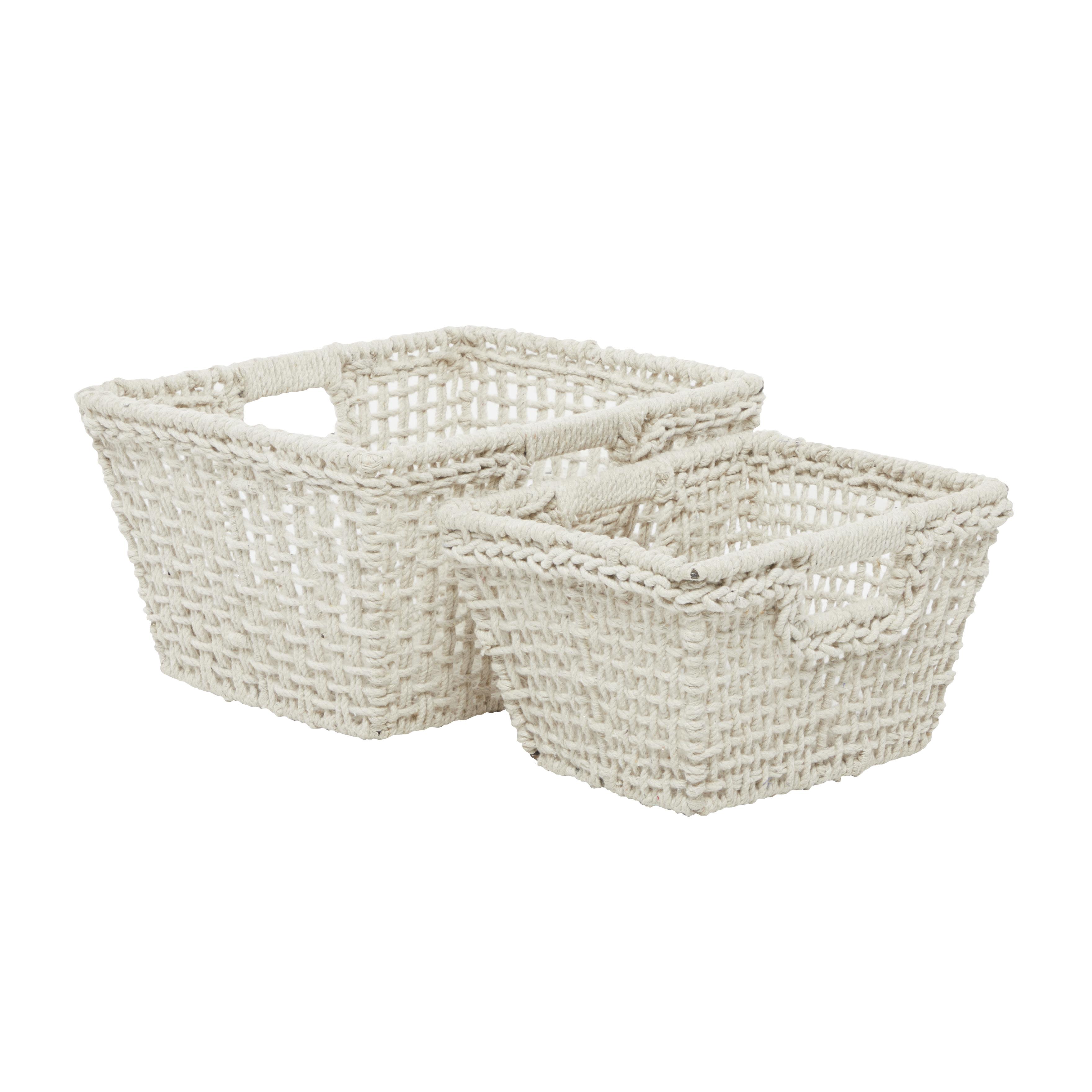 CosmoLiving by Cosmopolitan White Cotton Fabric  Handmade Decorative and Functional Storage Basket with Handles, Set of 3 9\", 8\"H