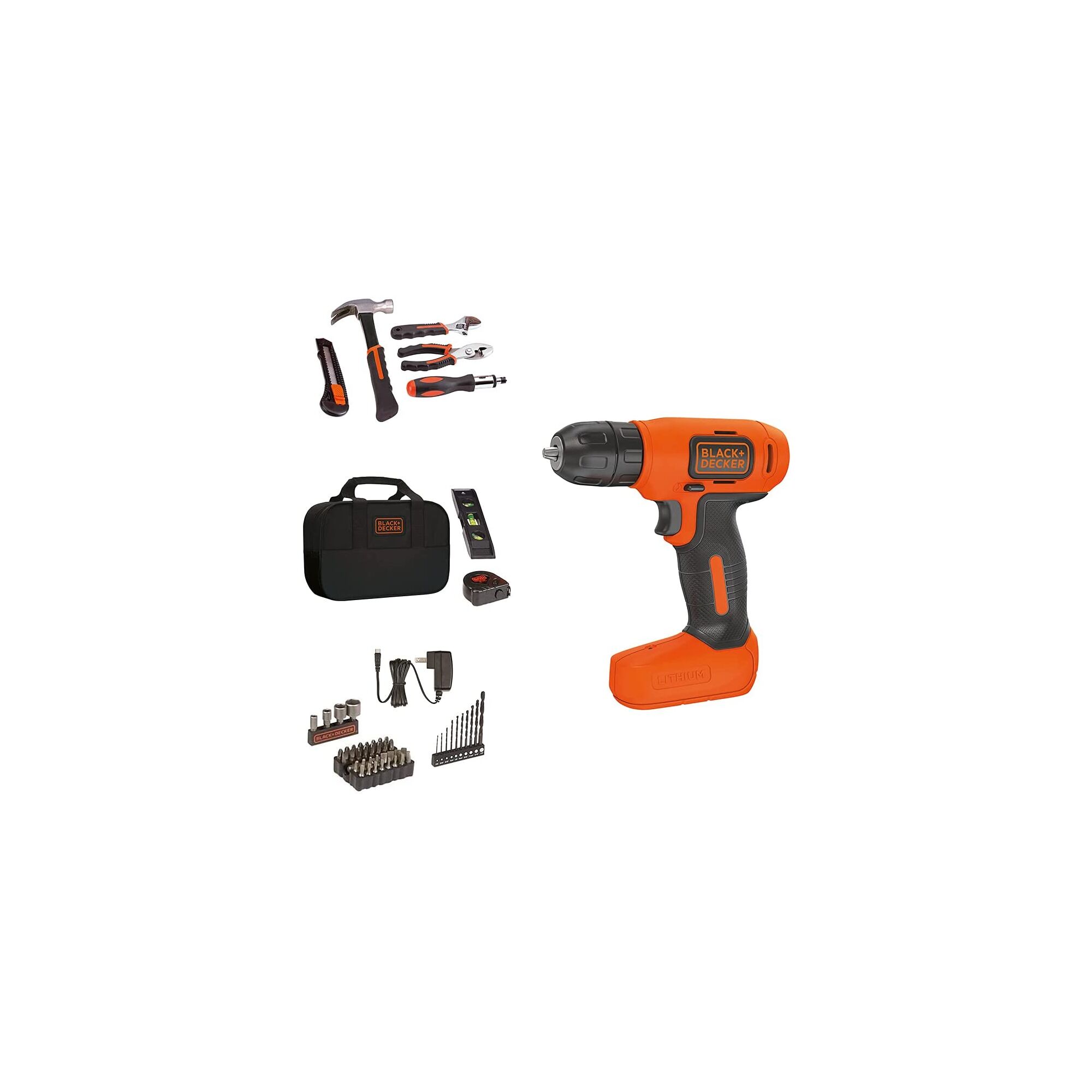 Profile of 8 volt max cordless lithium drill next to various accessories that are part of a 57 piece kit