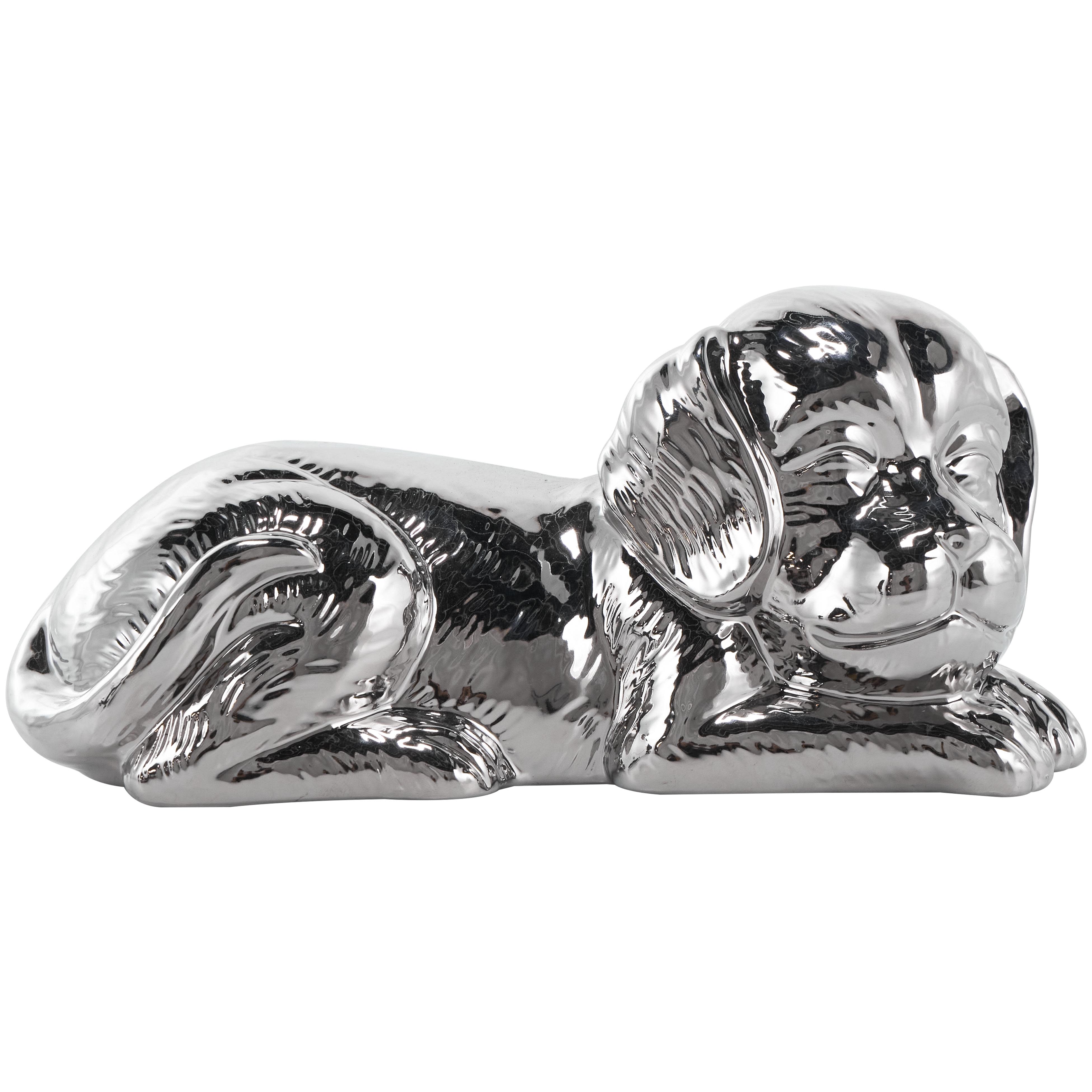 Silver Ceramic Dog Laying Decorative Sculpture with Matte Finish, 10" x 5" x 5"