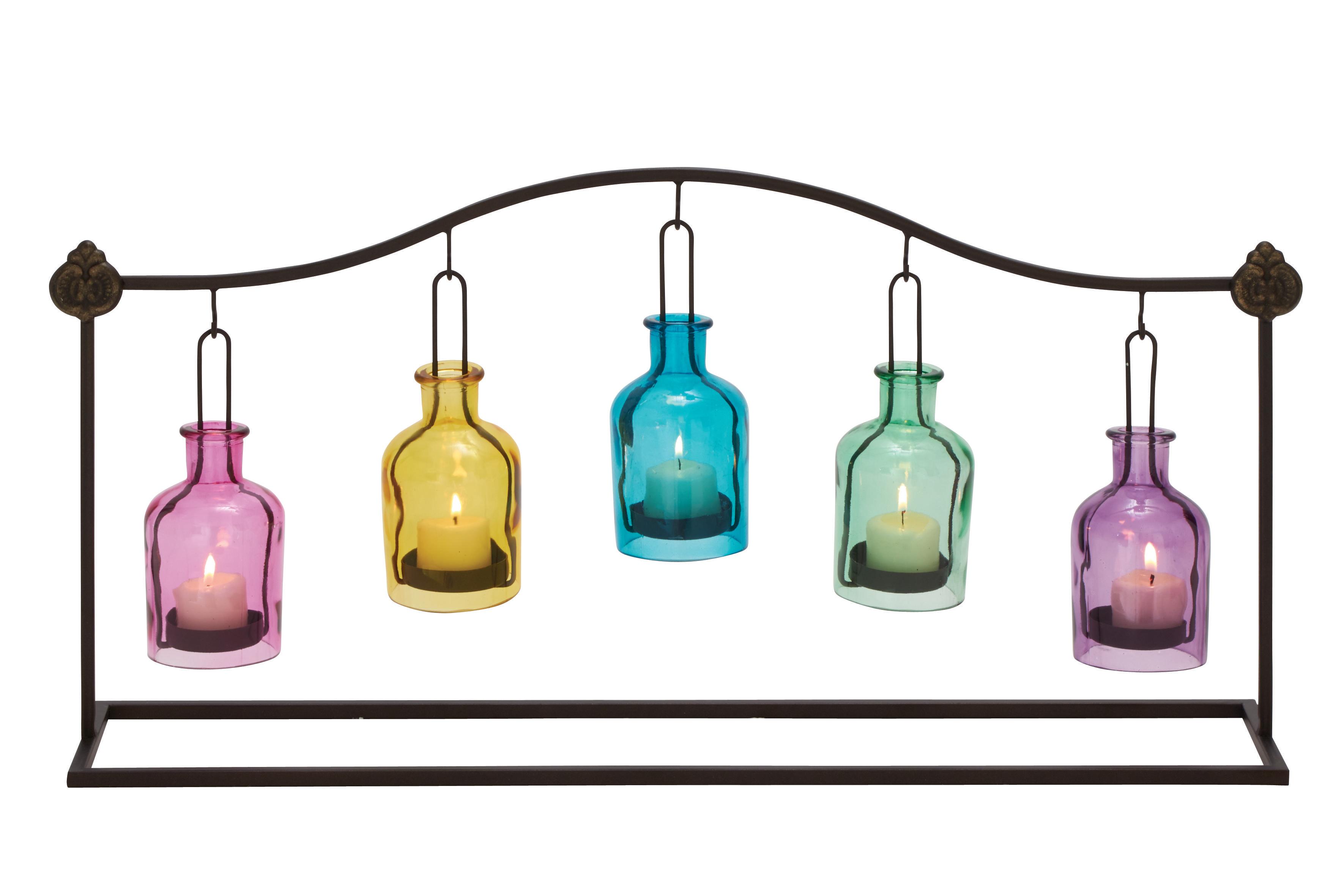 Multi Colored Metal  Hanging Bottle Decorative Indoor Outdoor Candle Lantern, 24\" x 5\" x 12\" set of two