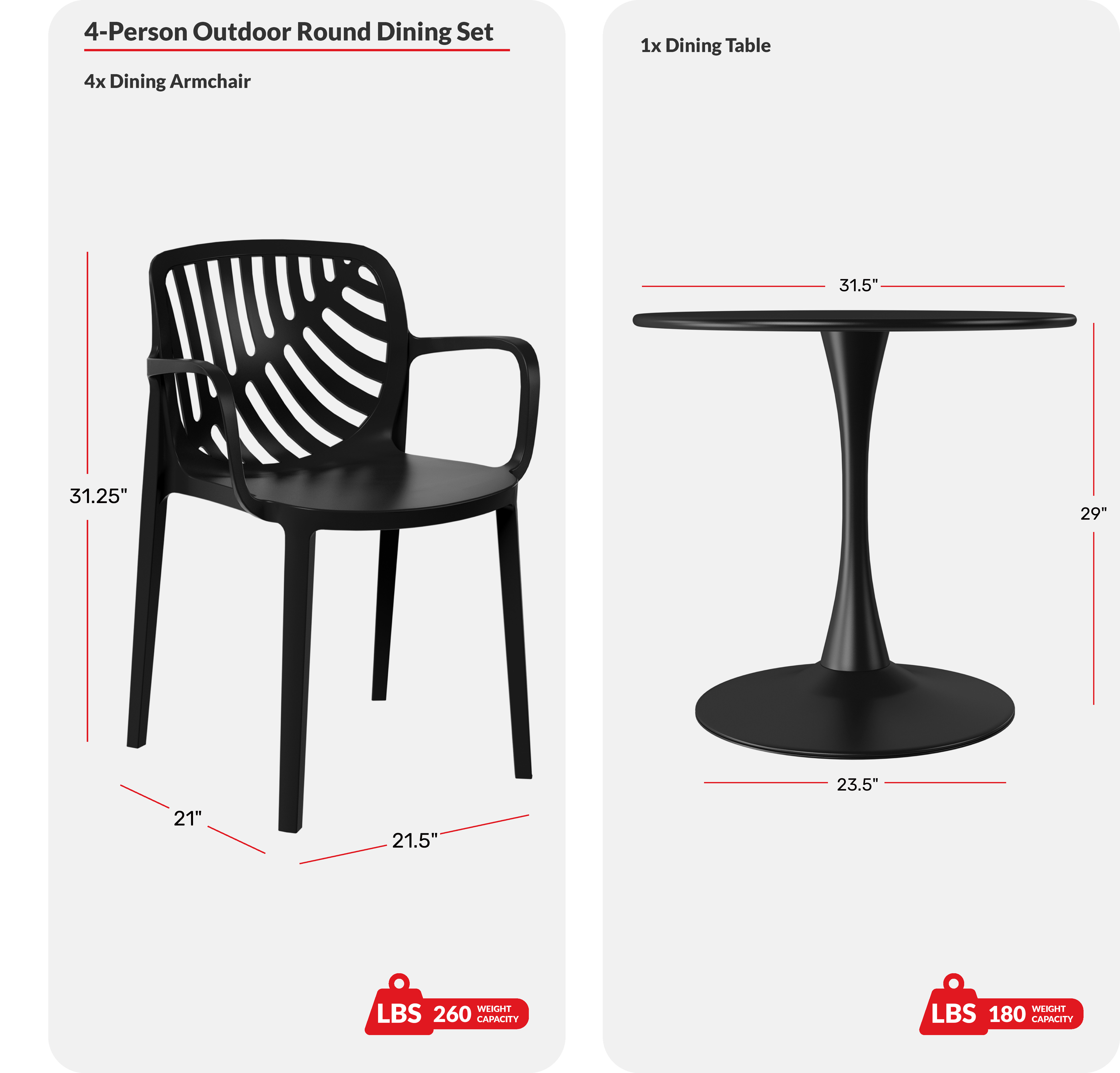 5-Piece Outdoor Indoor Metal Patio Dining Table Set With Stackable Patio Arm ChairsCOS Spec Image