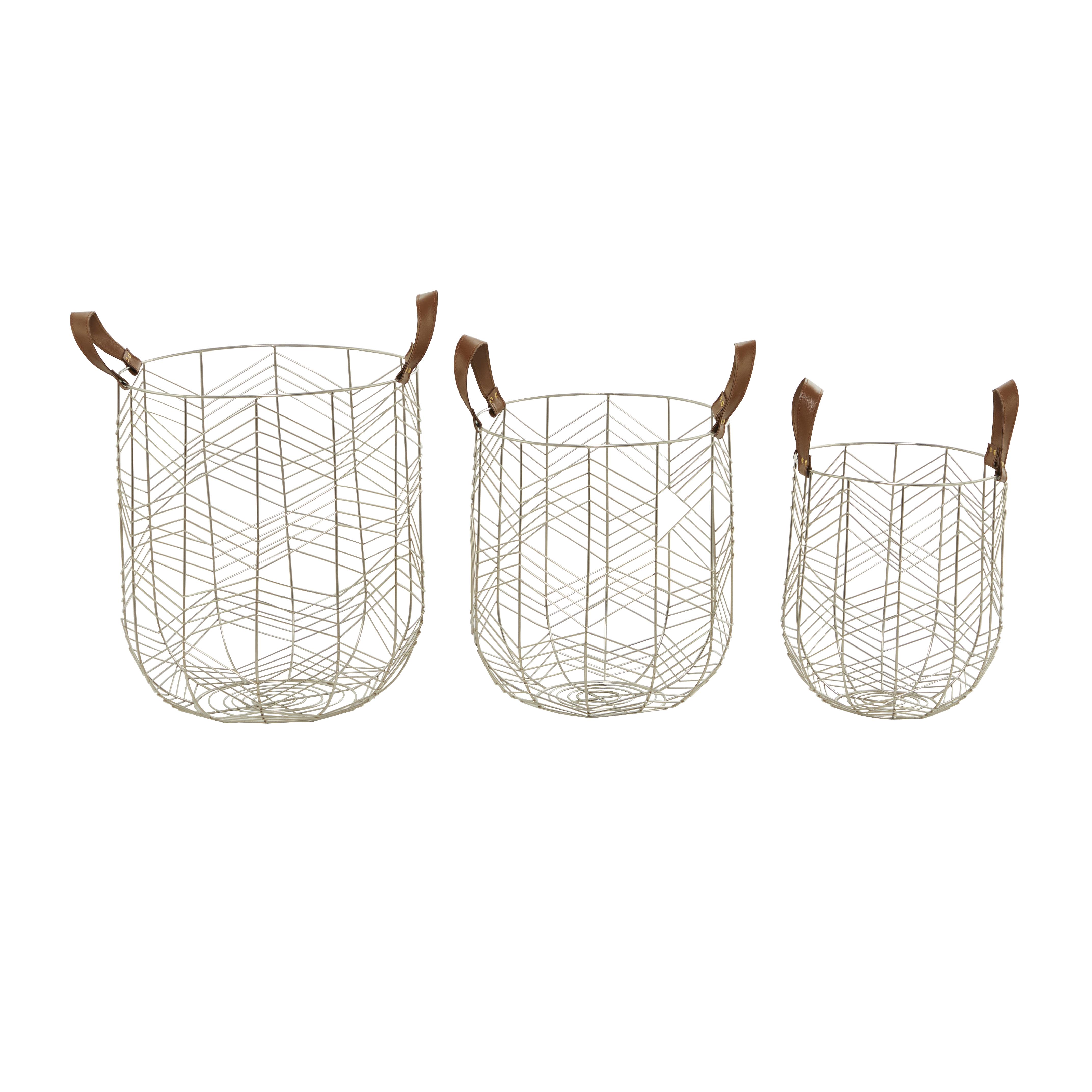 CosmoLiving by Cosmopolitan Silver Metal  Decorative and Functional Storage Basket with Faux Leather Handles, Set of 3 16", 14", 12"H