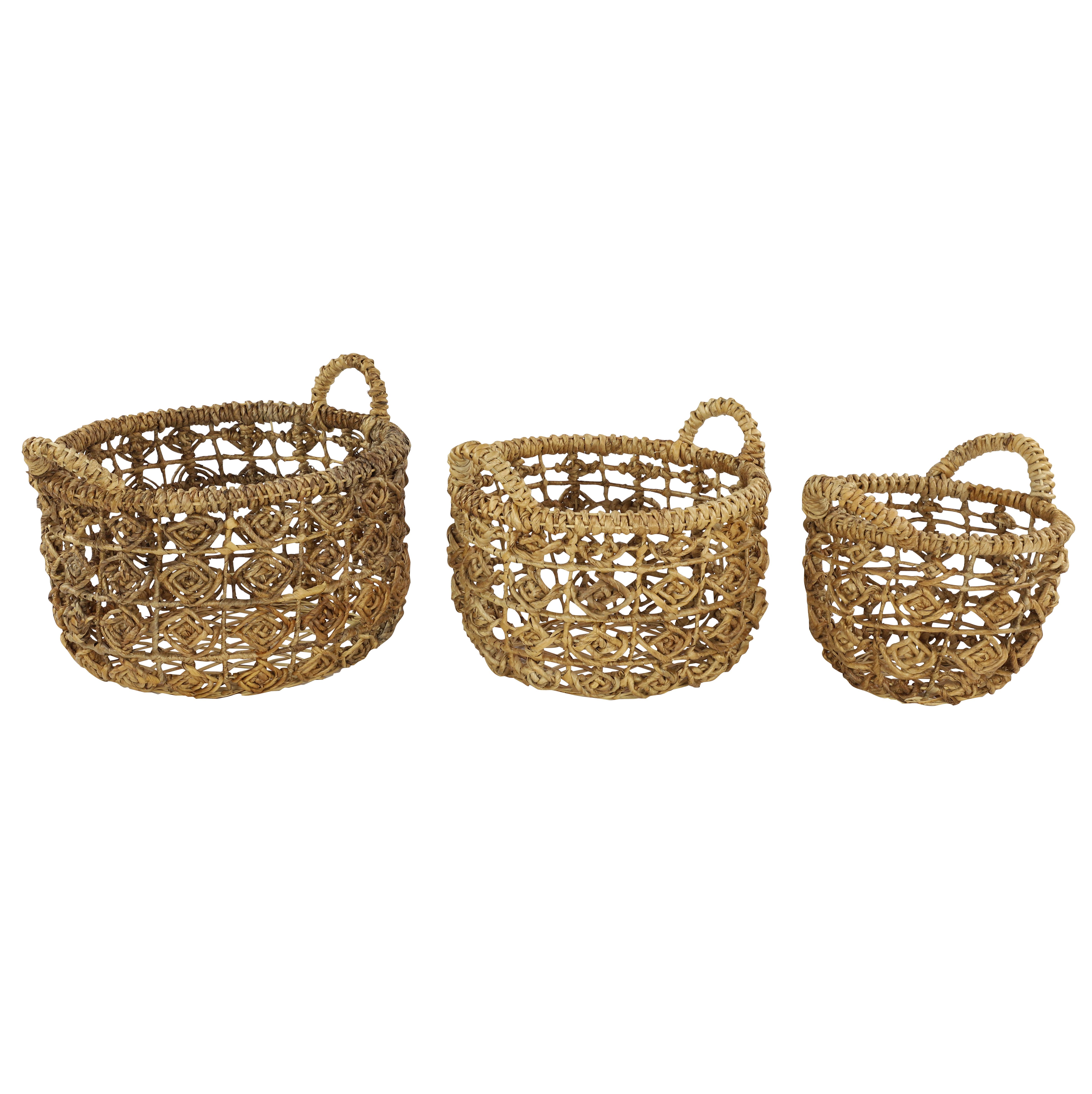 Large, Round Natural Brown Banana Leaf Storage Baskets w/ Open Weave Diamond Design, Set of 3 18.5" x 12, 16" x 11, 12.5" x 9.5"