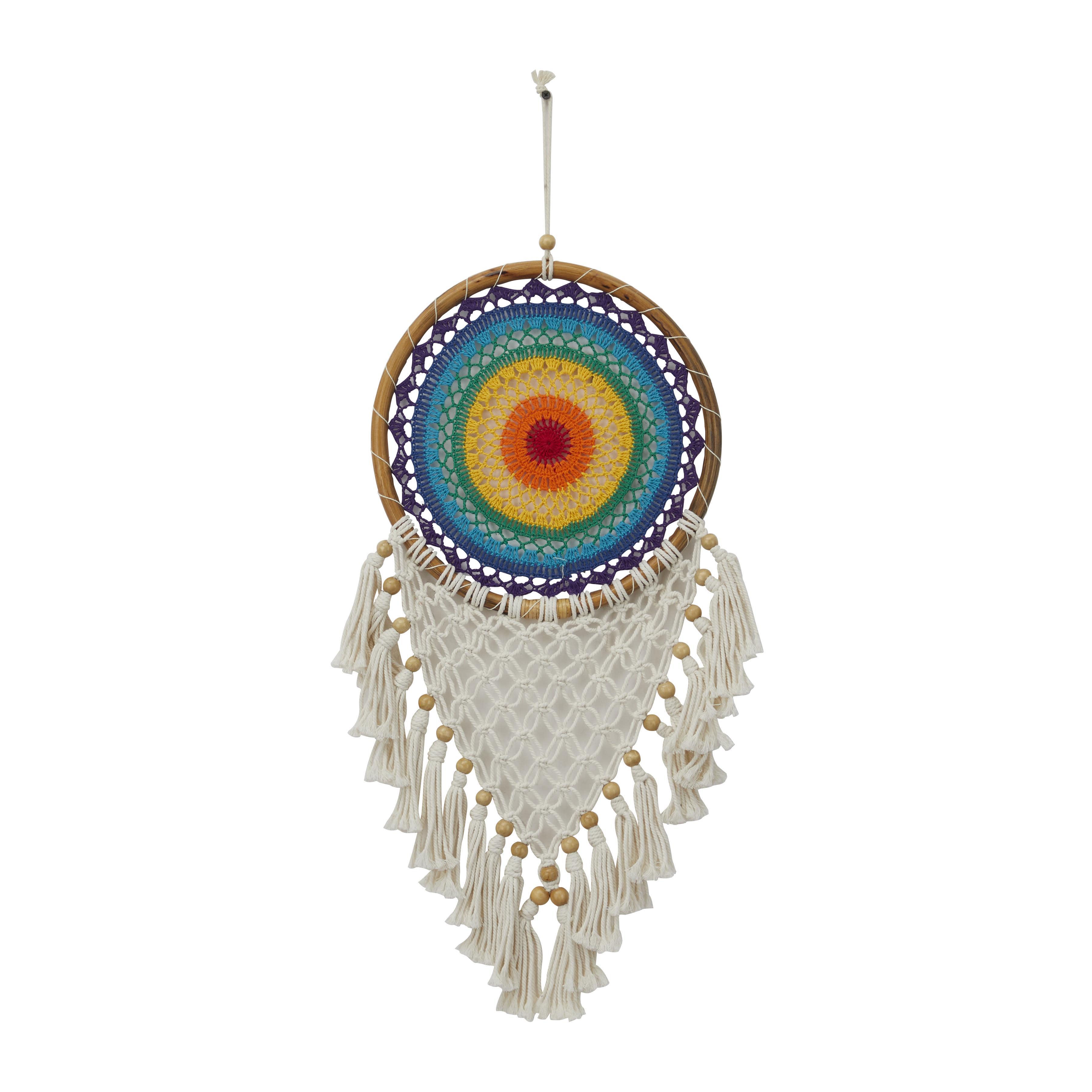 (Case of 12 pcs) Multi Colored Cotton Fabric Macrame Handmade Intricately Woven Dreamcatcher Wall Decor with Beaded Fringe Tassels, 13\" x 1\" x 33\"