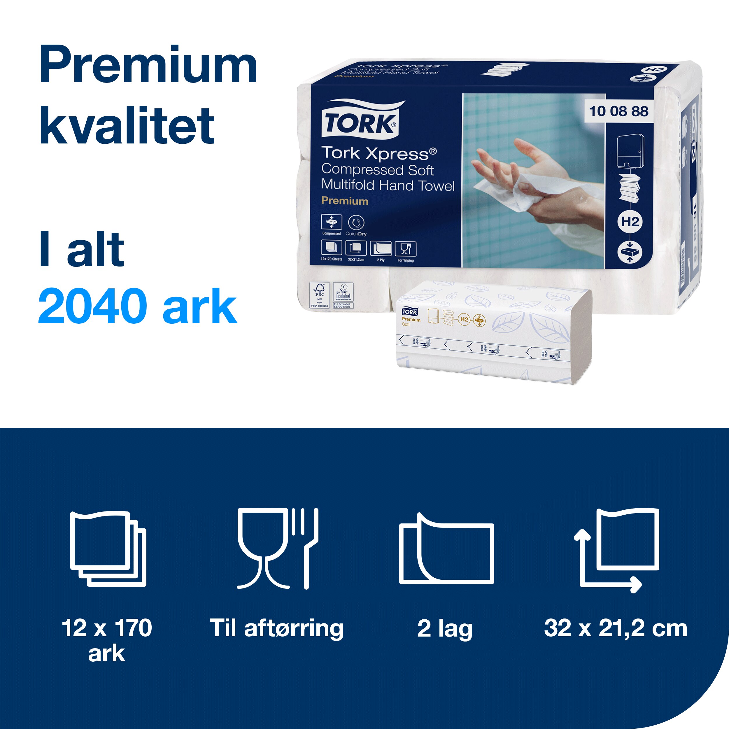 Håndklædeark, 2 lag, M-fold, 2040 ark, Tork Premium H2