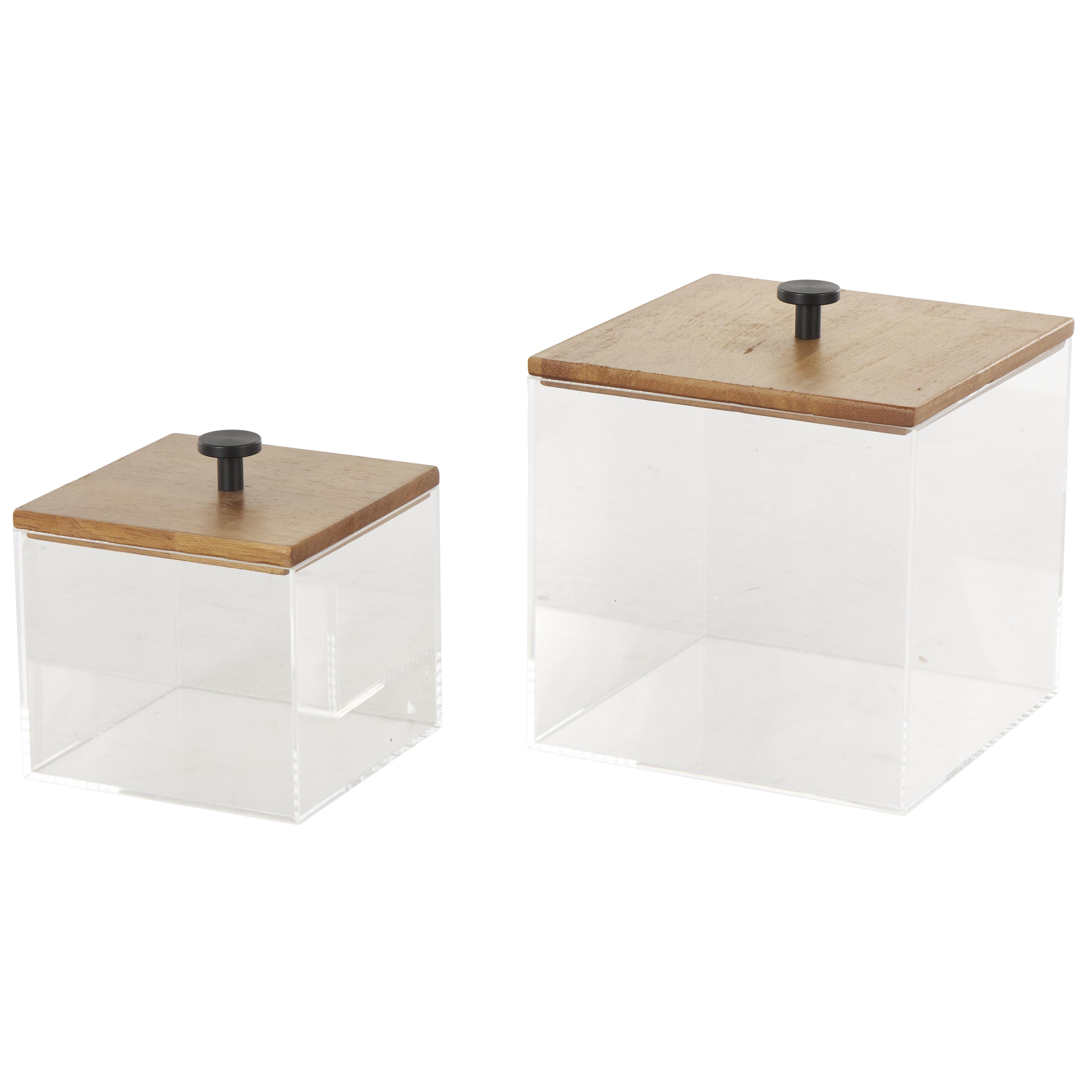 Clear Acrylic Plastic  Decorative Box with Brown Wooden Lids and Black Knobs, Set of 2 7",5"H