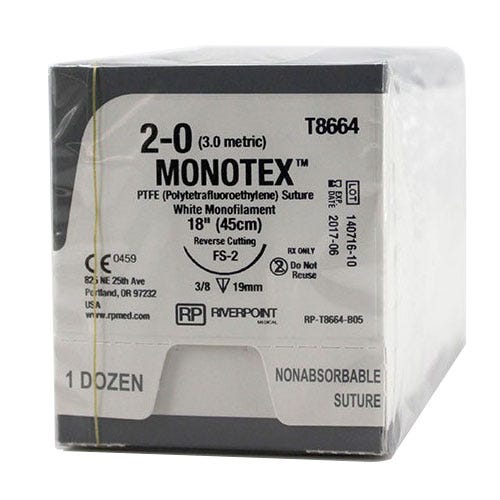 MONOTEX® PTFE (Polytetrafluoroethylene) White Monofilament Non-Absorbable Sutures, 2-0, FS-2, Reverse Cutting, 18" - 12/Box