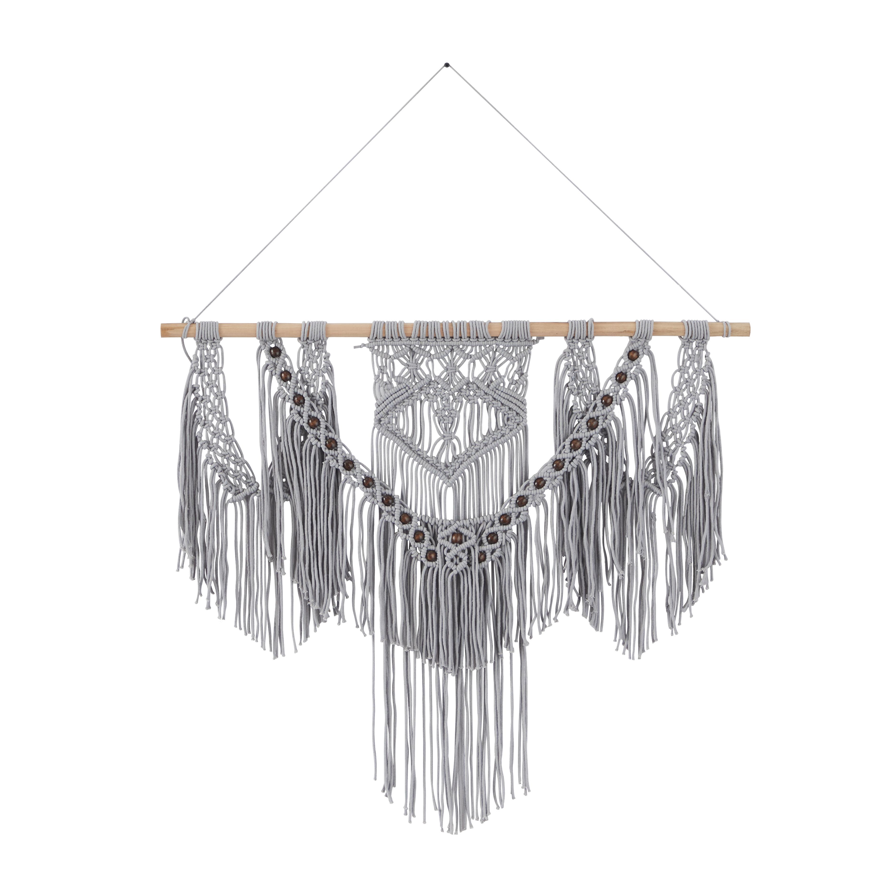 ( 9 pack) Gray Cotton Fabric Macrame Handmade Intricately Weaved Wall Decor with Beaded Fringe Tassels, 36\" x 1\" x 47\"