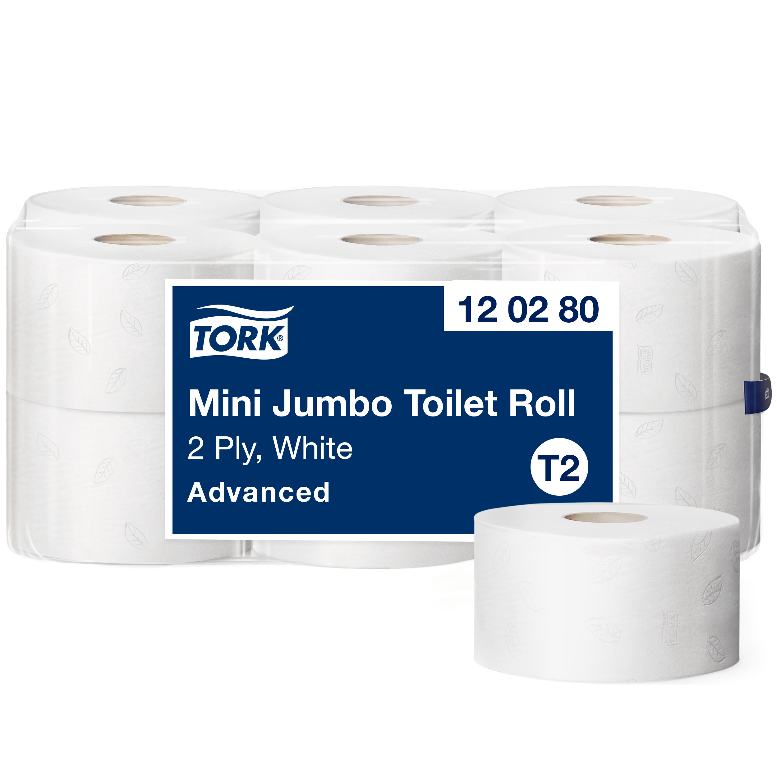 Toiletpapir, Udvendig oprulning, 2 lag, 12 ruller, Tork Advanced Jumbo Mini T2