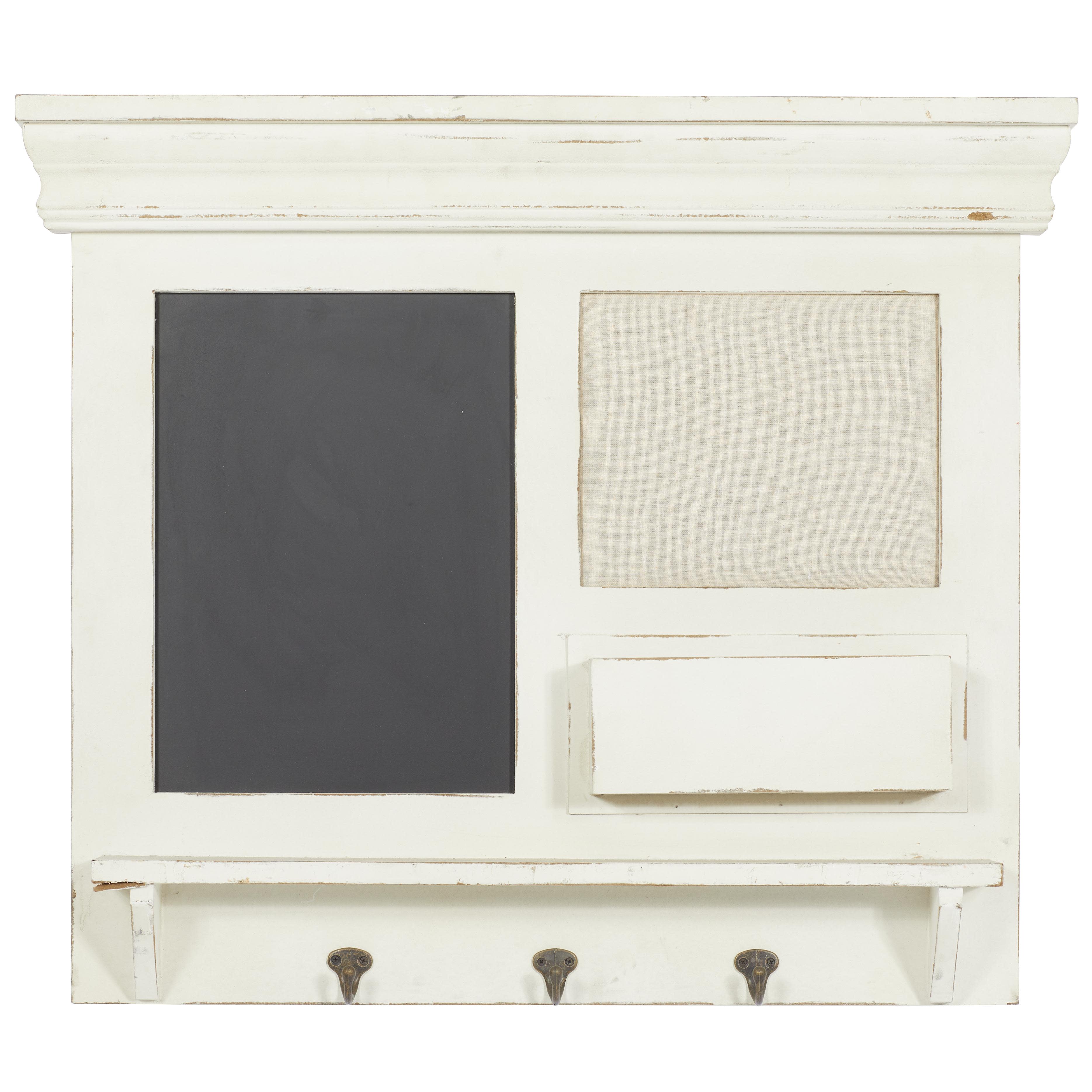 White Wooden Sign Chalkboard Wall Decor with Hooks and Storage, 28" x 4" x 24"