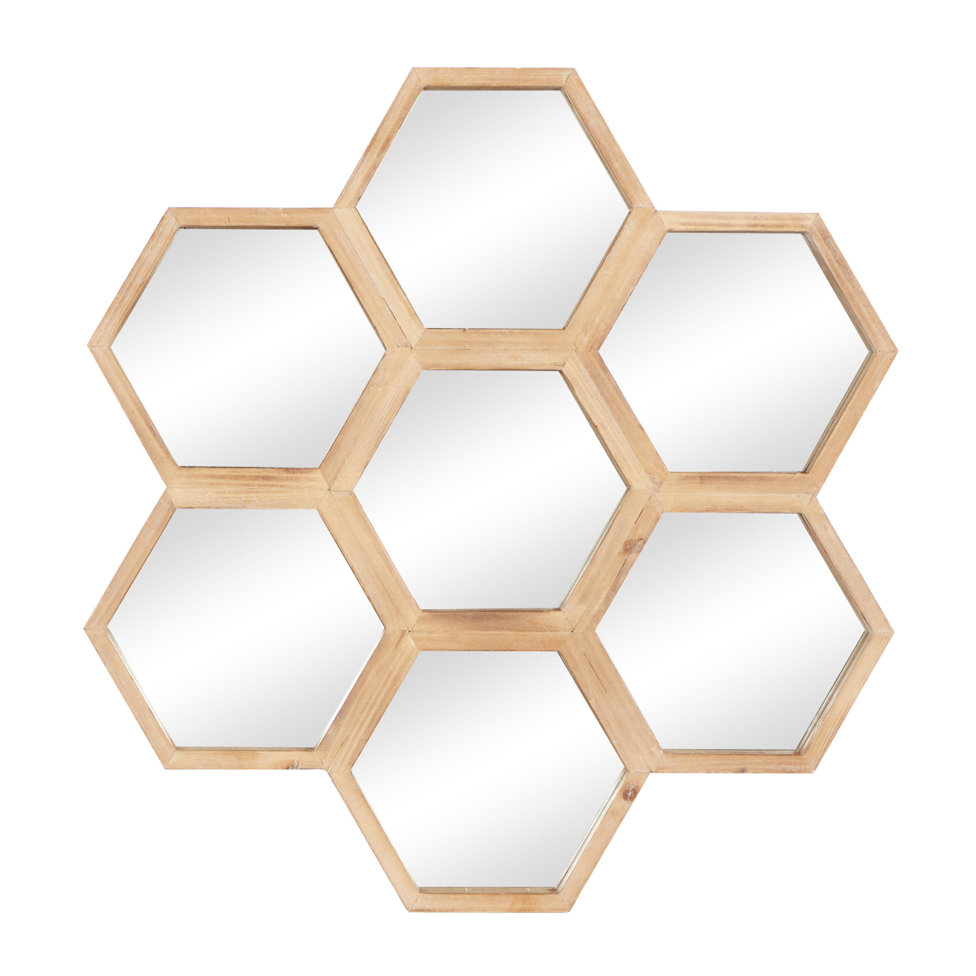 Brown Wood  Handmade Honeycomb Shaped Room Wall Mirror, 21" x 1" x 21"
